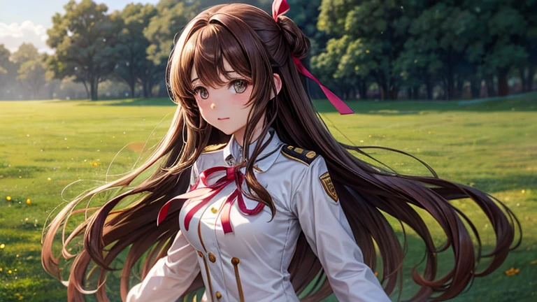 Una joven con gajas y uniforme, long brown hair with a ribbon and brown eyes.