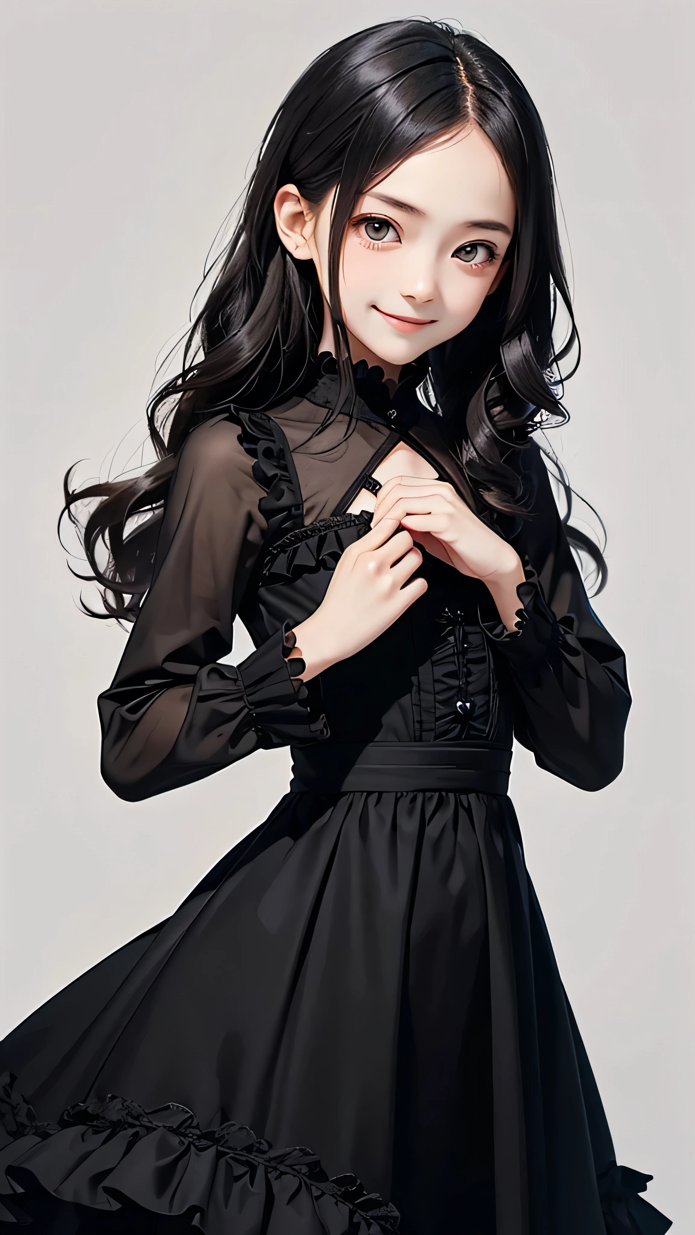 (((Masterpiece))), (High quality), (1 beautiful Japanese girl), 11 years old, (Childish), sharp eyes, hanging eyes, (glaring:1.2), (evil smile:1.2), forehead, (flat breasts:1.2), (wavy long black hair :1.2), (Long loose black frilly dress:1.2), Long sleeves, no exposed skin, (plain background),