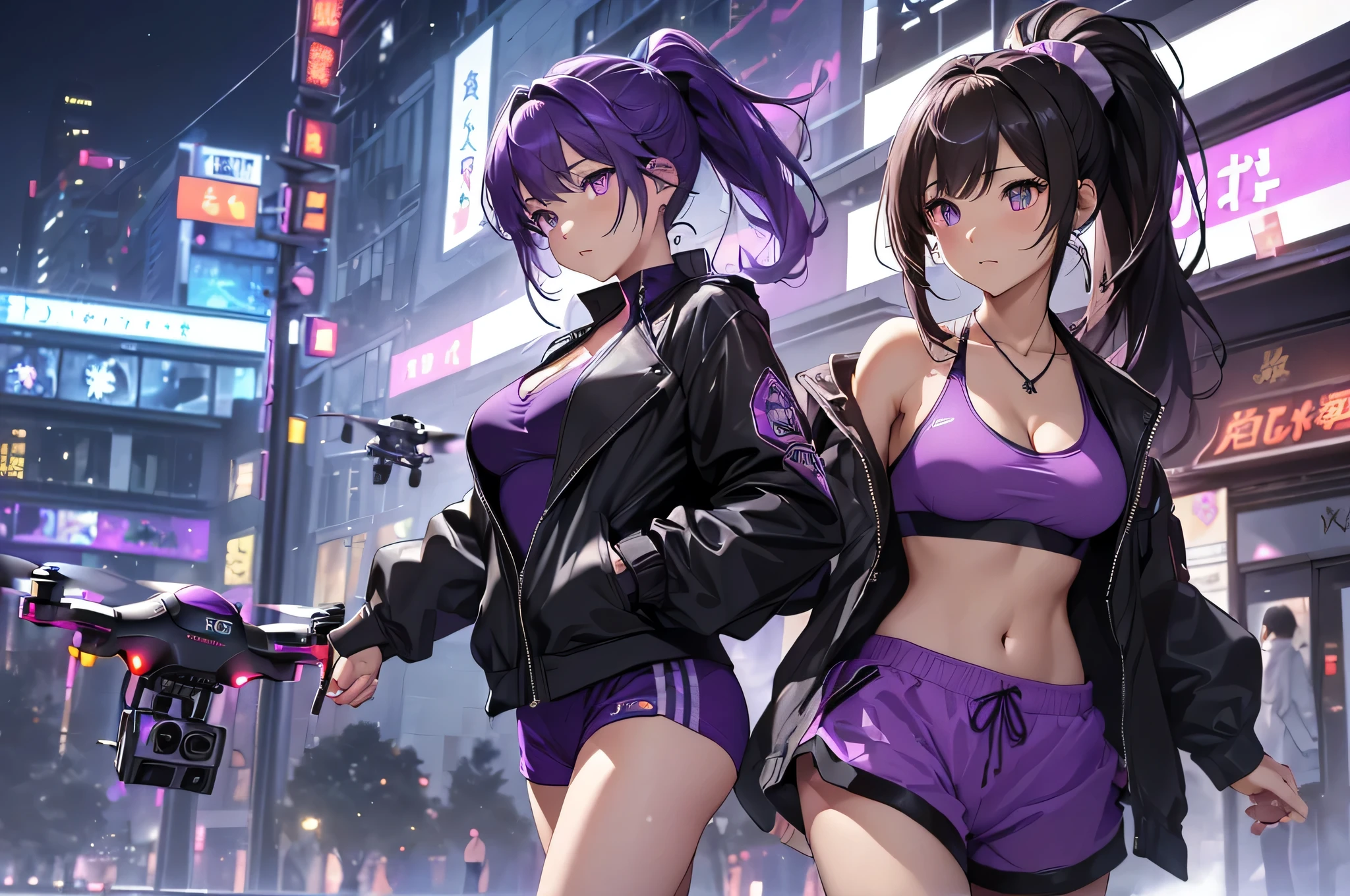 （（purple glasses））（（ reflective bra）） imperial green jade sunglasses， wearing a purple outfit and purple sunglasses, （（1   girl））