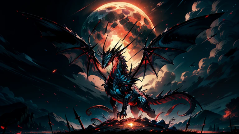Climactic scene,a warrior with his sword standing in a field facing a distant giant flying dragon,glowing eyes,four outstretched wings,four legs dragon, scaled sharp claws,ready to start fight,intense scene,fire and air flows,8k ultrafine detail,masterpiece,cinematic,(size difference), moon and fire background, low contrast