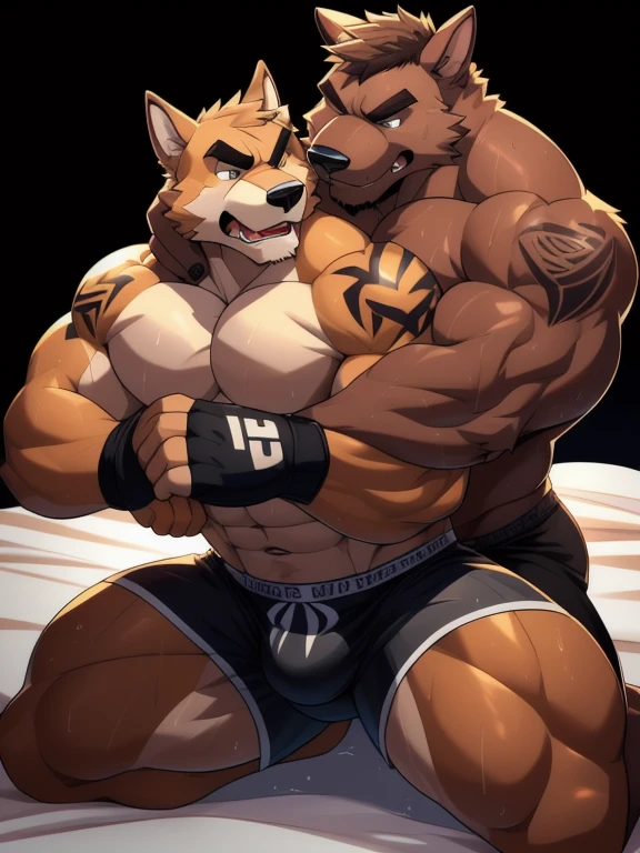 Duo male fighters(Brown Dog vs Brown Dog, handsomes, perfect eyes, Thick eyebrows), beso gay(Cuddling kneeling embraced around his neck from behind, Trying to escape, in a bed match), hot(Full body, shirtless), handsomes(They are handsomes, correct anatomy), musculosos(Big muscle bodies, Six packs, muscle abs, big pecs, muscle legs, muscle backs), sweaty(very sweaty wet bodies), tatuajes(they have tattoos), Angry(They have an angry expression), UFC gloves(They both are wearing UFC gloves), Boxers(They are wearing Black boxers, big bulges), Hight resolution, Black background 