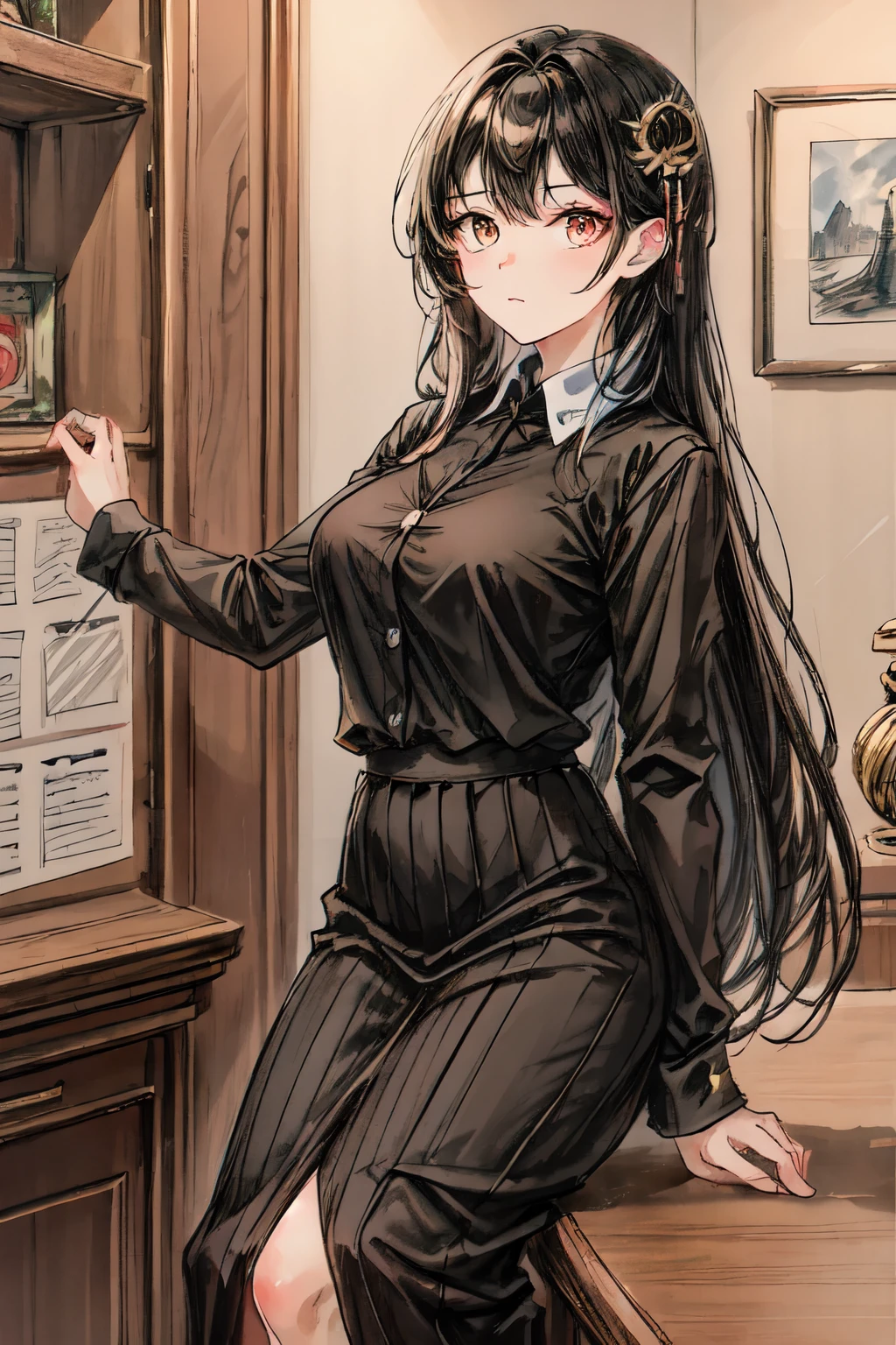 Realistic, 4K, high quality, kawaii, Graceful, 1 girl, solo, Long hair, Half grown hair, bangs, hair ornament, Brown eyes, close view, from adove, serious, Night in office, In the 90s, 20 years old, Black Female director's office uniform, Medium breasts, BREAK  half body with Background Style lora, (canvas.1:0), (oil painting.1:0)