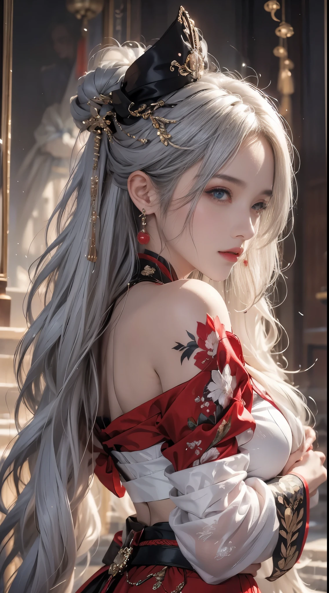 realistically, A high resolution, One woman, butt lift, pretty eyes, Long gray hair, eye socket, jewely, tattoo is, Hanfu, a beautiful woman in China, Red embroidered Hanfu