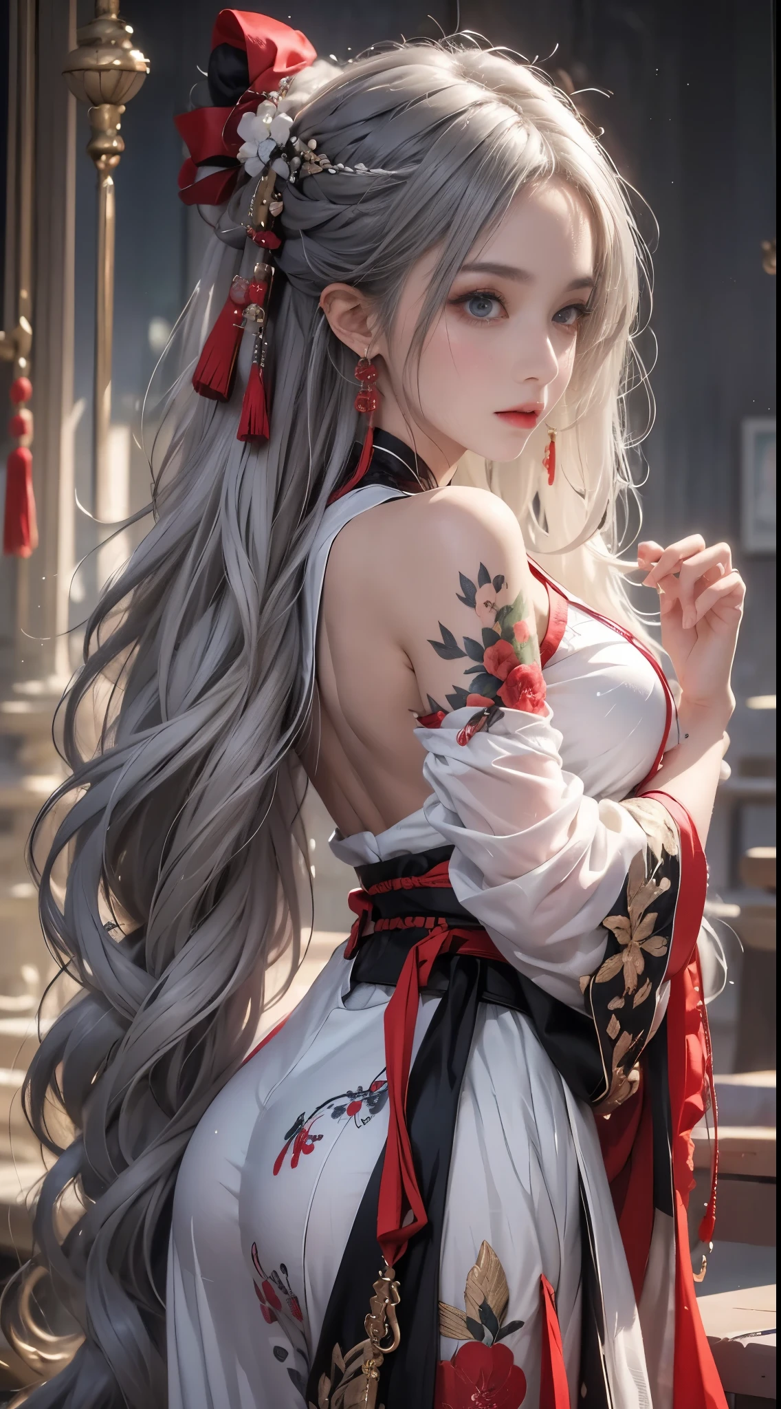 realistically, A high resolution, One woman, butt lift, pretty eyes, Long gray hair, eye socket, jewely, tattoo is, Hanfu, a beautiful woman in China, Red embroidered Hanfu