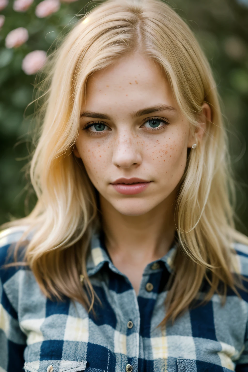 Photograph of a woman, (worried expression),freckles, Textured leather, goosebumps, blonde, plaid flannel shirt with frayed , Perfect eyes, ( Holder for 160 flowers, filmed on ARRI ALEXA 65, hips, sharp focus on the subject, face looking at camera