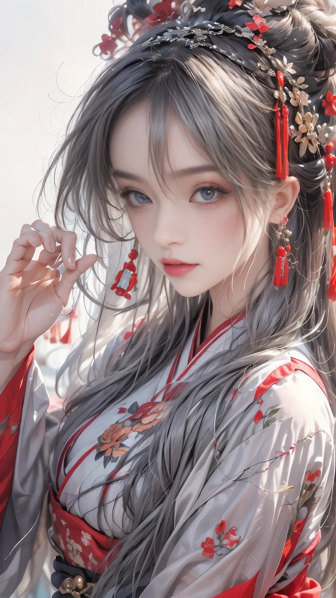 realistically, A high resolution, One woman, butt lift, pretty eyes, Long gray hair, eye socket, jewely, tattoo is, Hanfu, a beautiful woman in China, Red embroidered Hanfu