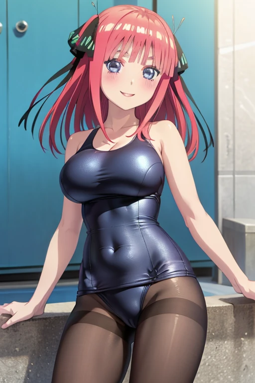 best quality, ultra-detailed masterpiece, anime art style, cute characters, nino nakano, one-piece swimsuit, large breasts, pantyhose, blush, smile