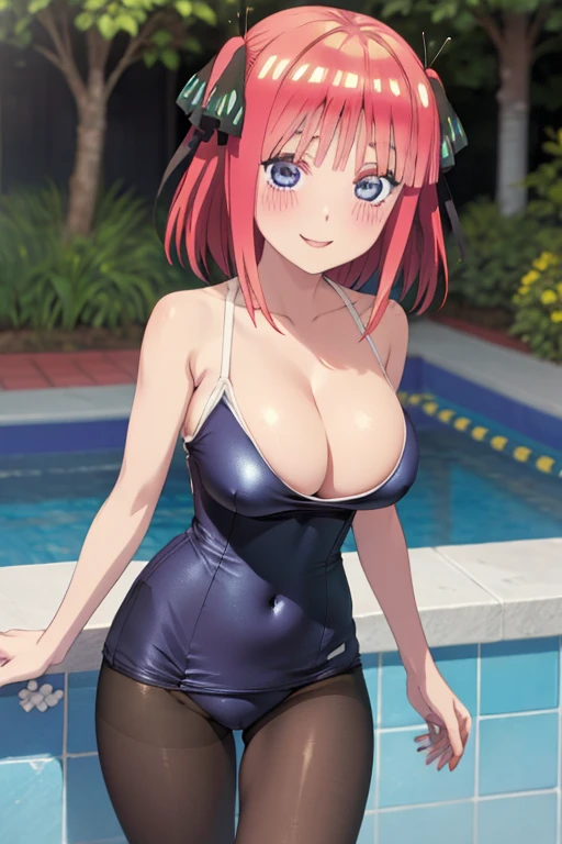 best quality, ultra-detailed masterpiece, anime art style, cute characters, nino nakano, one-piece swimsuit, large breasts, pantyhose, blush, smile