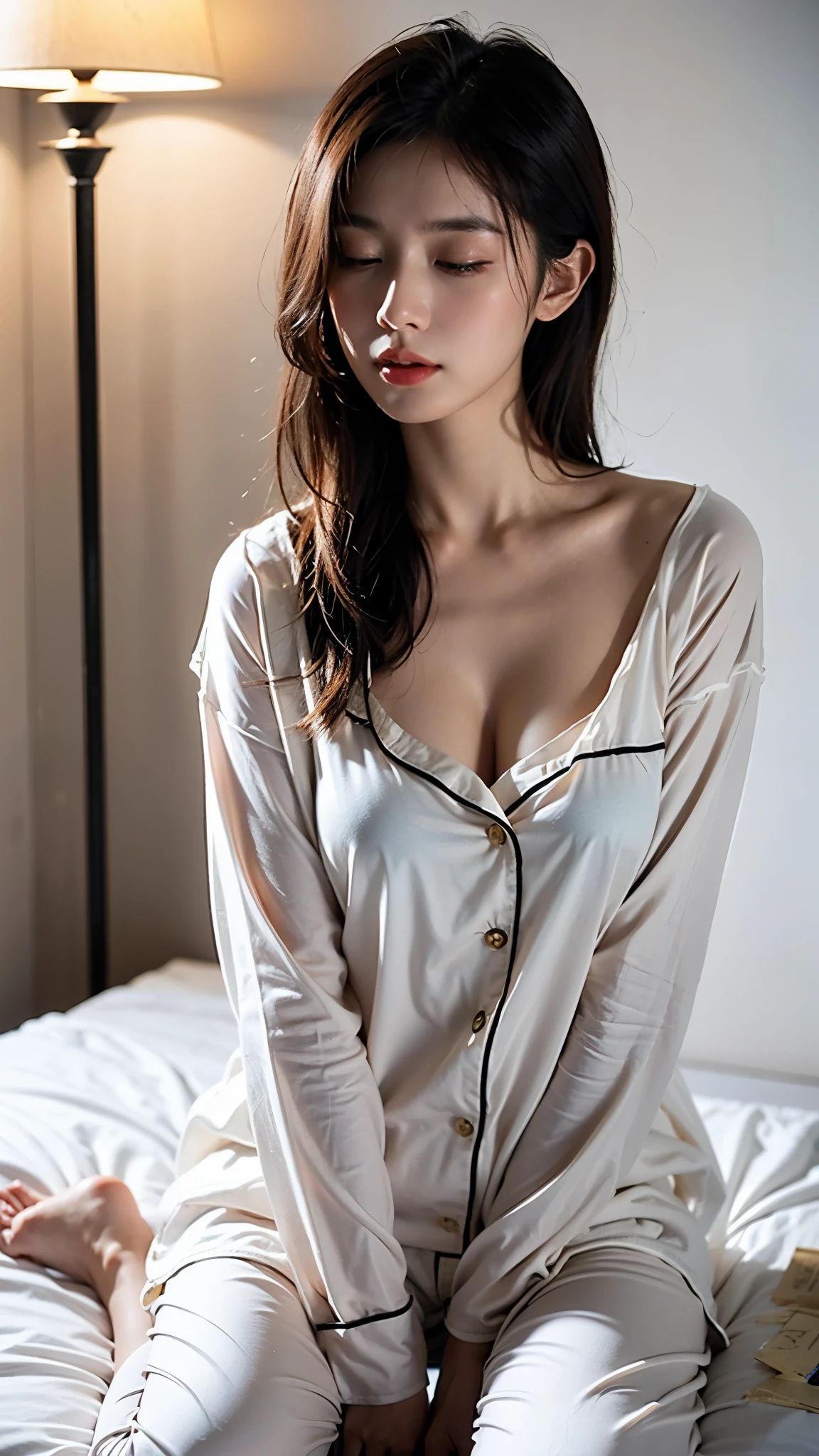 Innocent  girl、((Wearing ultra-thin cotton pajamas))、Wear small panties、Sitting in the room、A smile、Raw photo, (8K、top-quality、​masterpiece:1.2)、(intricate detailes:1.4)、(Photorealsitic:1.4)、octane renderings、Complex 3D rendering ultra detail, Studio Soft Light, Rim Lights, vibrant detail, super detailing, realistic skin textures, Detail Face, Beautiful detail eyes, Very detailed CG Unity 16k wallpaper, make - up, (detailedbackground:1.2), shinny skin、turned around、Exposed thighs!!!、