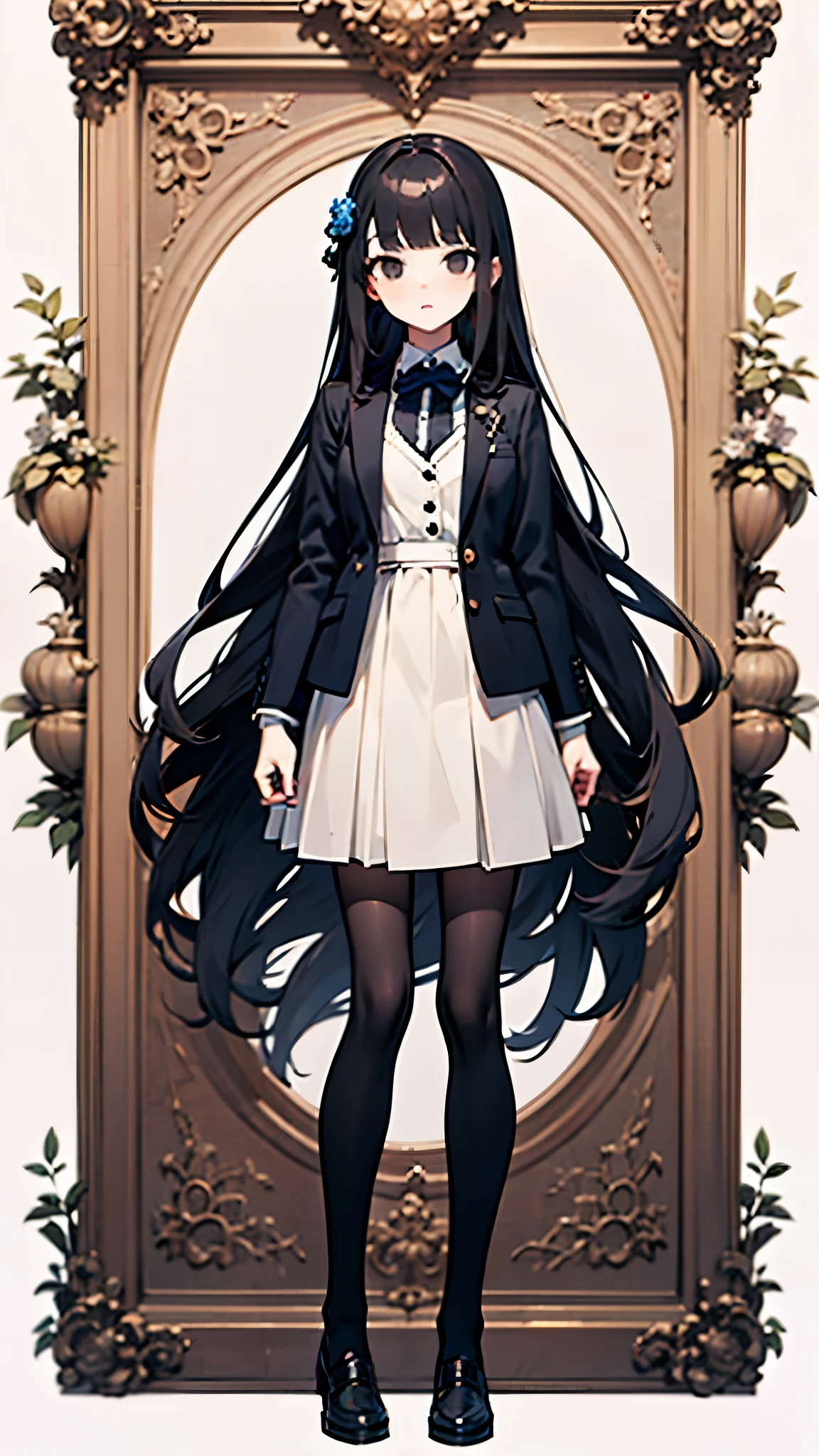 Best Picture:1.2), (Best Quality:1.3), style, Masterpiece, highest quality, full body, looking at viewer, white background, standing, finely detail, detailed face, full of details, highly detailed, character ref, 1girl, expressionless face, black eyes, black hair, long hair, blunt bangs, himecut, flower on hair, blazer uniform