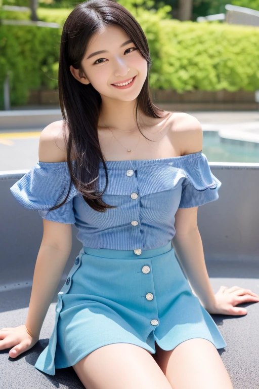 masterpiece, high-quaiity,(Correct Anatomy),Raw Photos, Photorealistic、Cute face,(well-proportioned face:1.5)、Embarrassed look,High resolution,Super detailed,Fine details,Very detailed,very realistic eyes and face,smile,Laughing with mouth open,smile,Winking,Realistic students,Sharp Focus,natural light,day light,high quality,(Japanese)、Cute Korean idol style,Black Hair,(Light blue off-shoulder dress),(Button-down dress),The bottom two buttons of her dress are undone, exposing her underwear.,((lift up skirt)),The front of the body is facing the camera、the body foward to camera,Sitting on a slide、One elbow on the table、Spreading her legs,(spread legs wide),(She has her legs spread apart, exposing her crotch),(ars old) year,solo,long hair,Long Hair,Knees spread wide,Thighs wide apart,(Looking at the camera),flat chest,Narrow waist,(White lingerie is visible from between her legs)