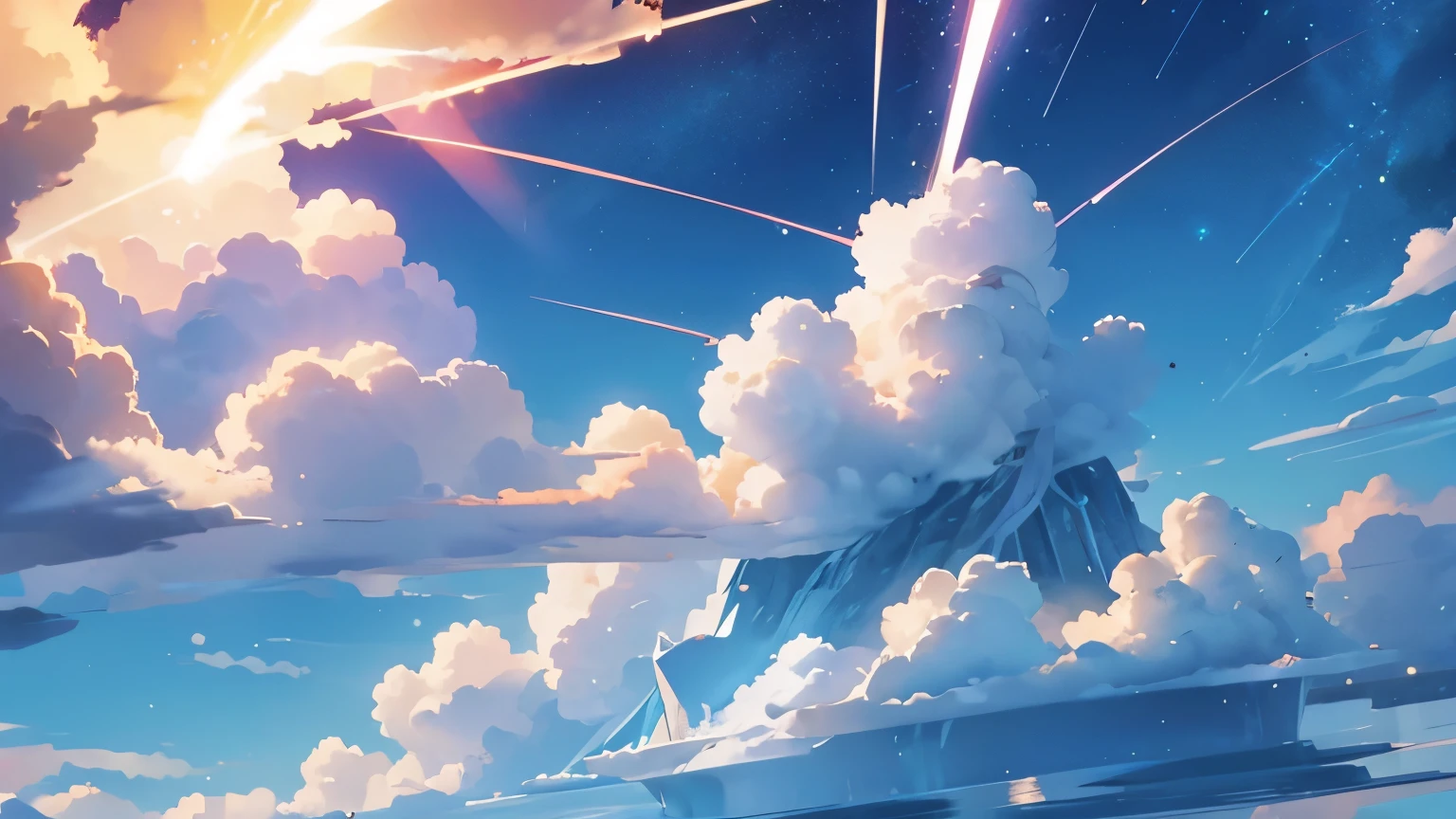 A dazzling light appeared in the sky，Like a flash of lightning，Then suddenly disappeared,summer，3D，high-definition，Hayao Miyazaki style，Cartoon Style