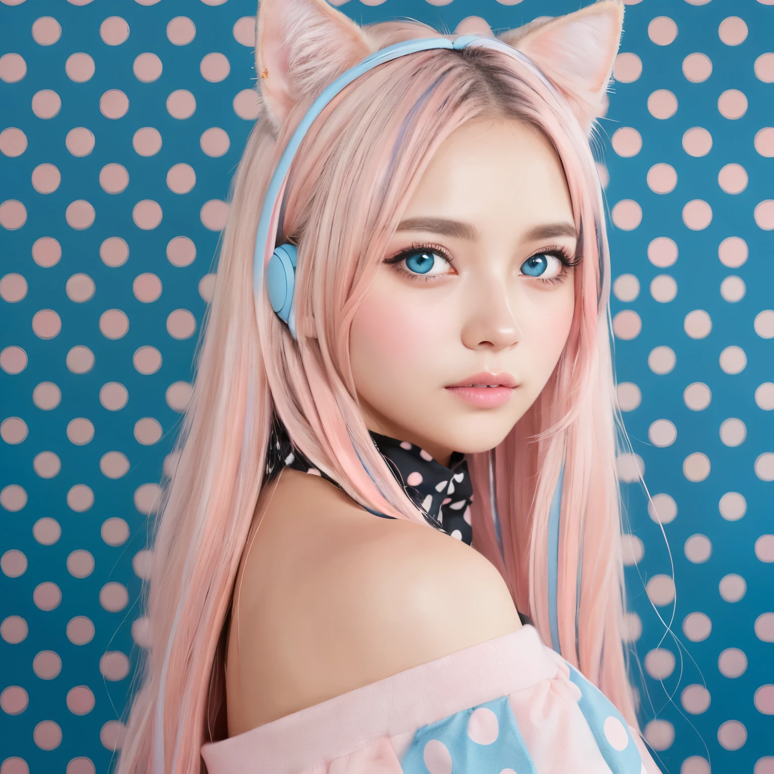 masterpiece, highest quality, 4K, Realistic, Bokeh, Awareness-raising,1 perfect portrait of a girl, (A fascinating eye for perfect detail:1.2), Colorful Hair, (Gradient Hair), (Blue and pink soft long hair:1.6), (Cat ear:1.2), (Exposed bare shoulders), (Long-term alienation sleeve), (lean forward a little), Tilt your head, Cinema Lighting, (seductive pose:1.4), (Blue and pink polka dot background:1.6), Beautiful bright blue eyes, close,Line art
