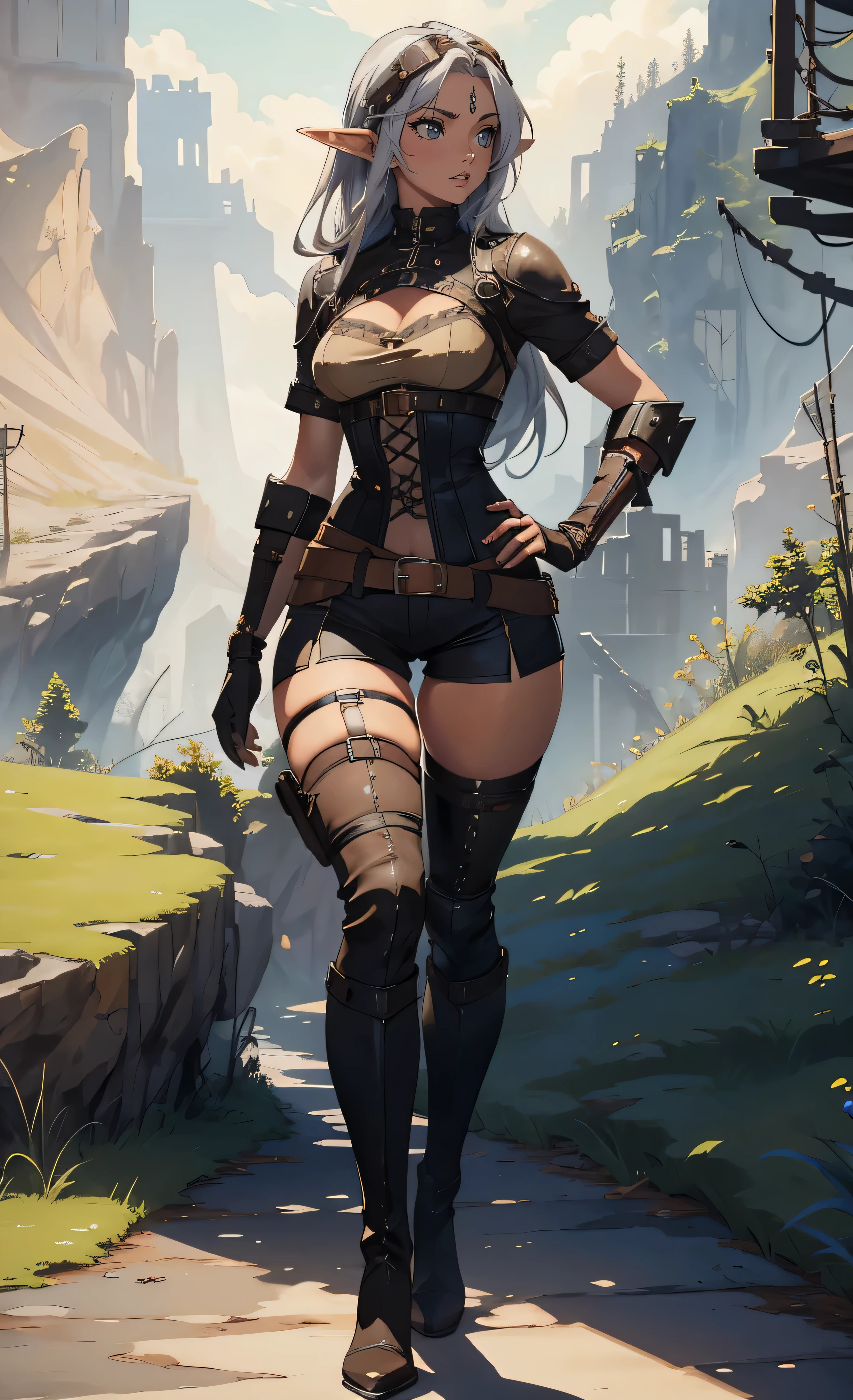 masterpiece, high quality, 1_woman, ((full body)), standing, (exotic skin_complexion:1.4), mature, (looking away from the viewer), hand on hip, tall, beautiful, exotic, with long elf ears, long hair, silver hair, detailed face, having diamond shaped eyes, blue eyes, (dark_eyeliner), long_eyelashes medium_bust, wearing Steampunk corset, chest window, (brown shorts), crossing belts, (goggles on head), long fingerless_gloves, belts with metal gears, black thigh highs with embroidery, knee boots with laces, mountains in distance, walking path, grassy field,