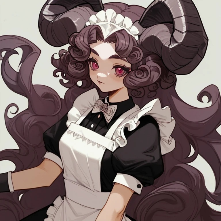 Mujer con traje de maid rosa, He has goat horns on his skull and very curly hair