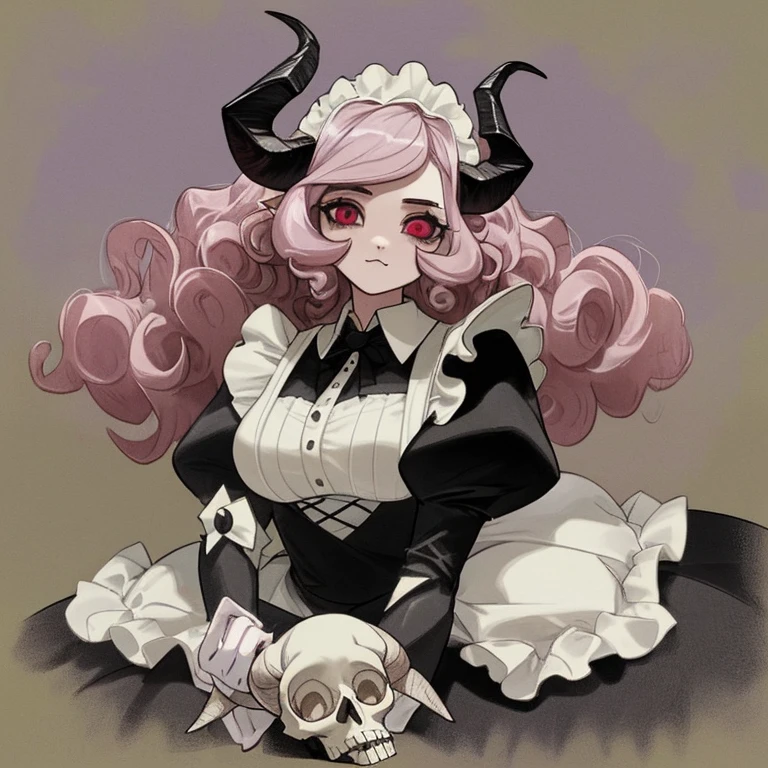 Mujer con traje de maid rosa, He has goat horns on his skull and very curly hair