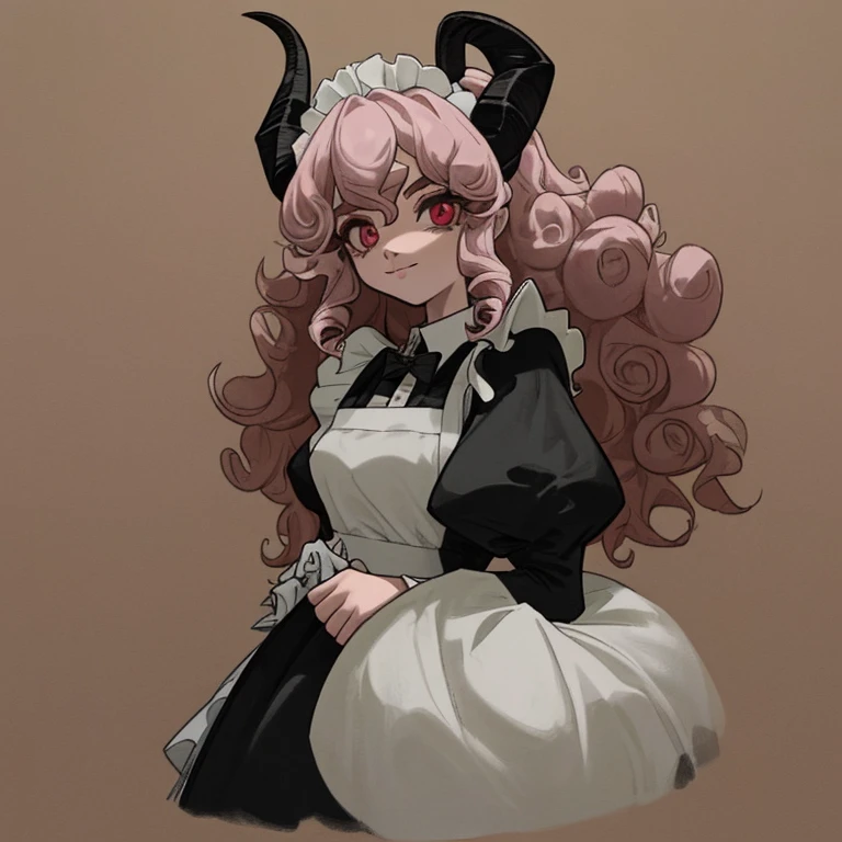 Mujer con traje de maid rosa, He has goat horns on his skull and very curly hair