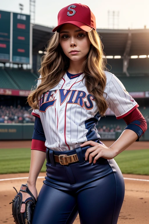 a gorgeous Elizabeth Olsen, age 25, wavy hair in the wind. she's a men magazine model, She has a subtle smile and flirts with the camera, (she wears a baseball uniform with full length pants and baseball cap:1.2), (she is a pitcher standing on the pitchers mound:1.3), background baseball stadium, large crowd, sundown lighting, perfect eyes, perfect hands, perfect body, perfect hair, perfect breasts, large breasts, hair behind ear, UHD, retina, masterpiece, accurate, anatomically correct, textured skin, super detail, high details, high quality, award winning, best quality, highres, 16k, 8k, (full bodyshot:1.1), (full length photo:1.15),