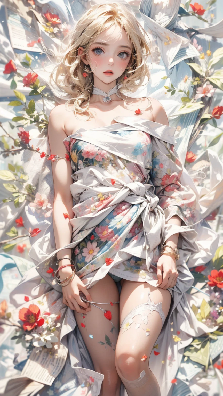 (masterpiece, High resolution, highest quality), Composition from head to thighs:1.3, Upper body focus, 20-year-old woman, A large piece of cloth is wrapped around the naked body., Blonde Hair, Disorganized, Petal Fabric Collage, abstract design, artistic juxtapositions, White background, mixed-media approach, Anime Style, simple lines, Digital Painting,