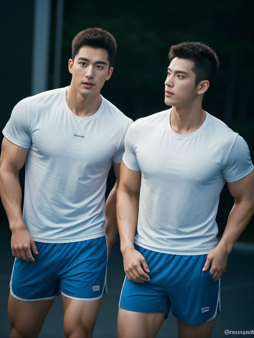 Two firefighters in their 20s，Full chest muscles，Has short black hair， blue eyes，Sexy and charming expression，Wear white training clothes、Blue shorts, 大包Convex显亮点，Convex，high resolution, masterpiece, best quality, head:1.3,((Hasselblad Photo)), Delicate skin, Stay focused, (Movie Lighting), night, Soft Light, Dynamic angle, [:(Delicate face:1.2):0.2],(((exercise))), kinetic, Arm muscles are big, Hands on Hips.