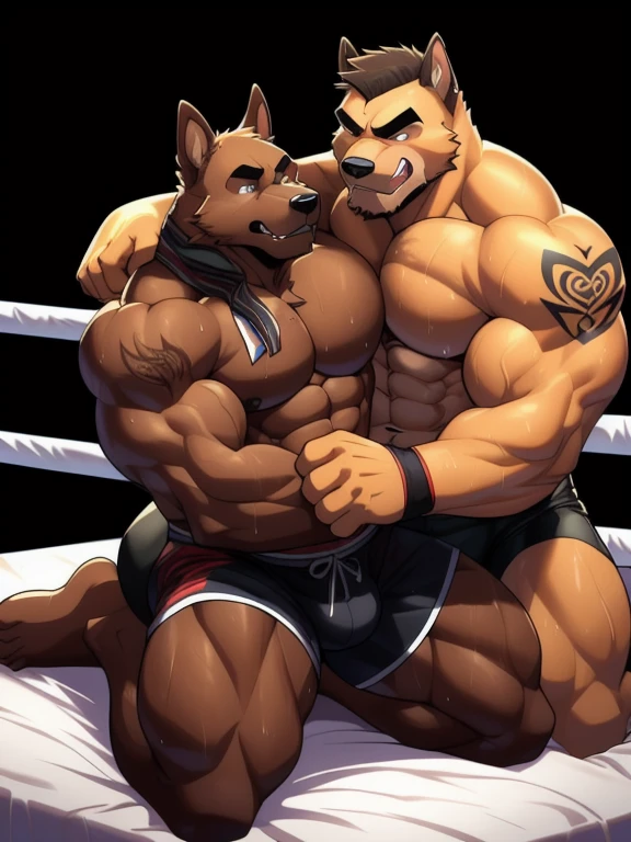 Duo male fighters(Brown Dog vs Brown Dog, handsomes, perfect eyes, Thick eyebrows), beso gay(Cuddling kneeling embraced around his neck from behind, Trying to escape with a punch, in a bed match), hot(Full body, shirtless), handsomes(They are handsomes, correct anatomy), musculosos(Big muscle bodies, Six packs, muscle abs, big pecs, muscle legs, muscle backs), sweaty(very sweaty wet bodies), tatuajes(they have tattoos), Angry(They have an angry expression), UFC gloves(They both are wearing UFC gloves), Boxers(They are wearing Black boxers, big bulges), Hight resolution, Black background