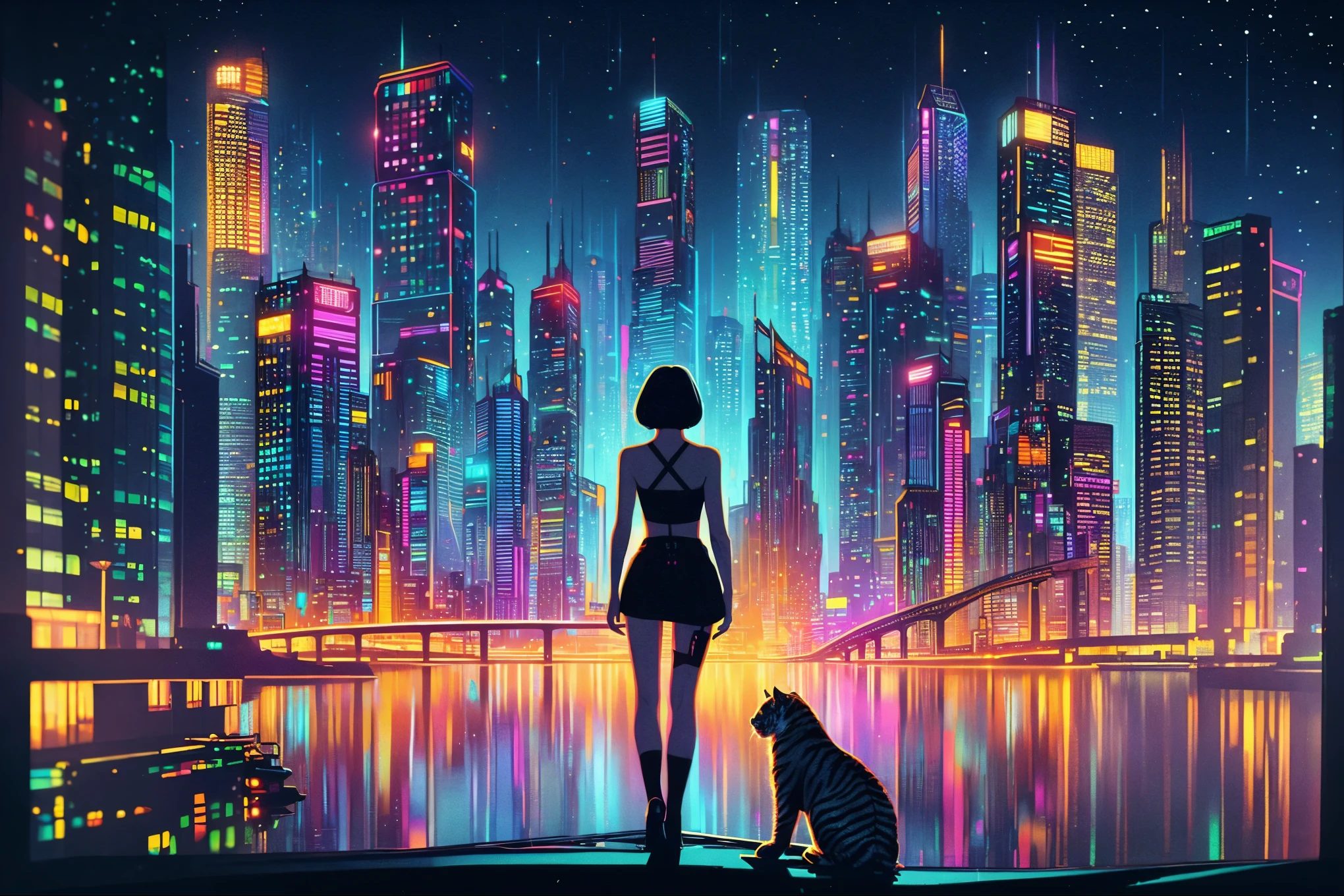 A vibrant city skyline at night, depicting a futuristic cyberpunk metropolis. Buildings are illuminated, casting reflections on the water’s surface. A figure stands between the distant skyscrapers, and the scene is bathed in a myriad of colorful lights, creating a vivid impression. Overlooking this scene is a woman with black bobbed hair in a miniskirt dress, accompanied by a small tiger.