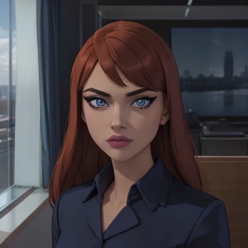 (masterpiece, high quality) woman, formal business suit, shirt, pants, solo , looking at viewer, perfect face, suits Navy blue, crystal blue eyes, eyelashes, makeup