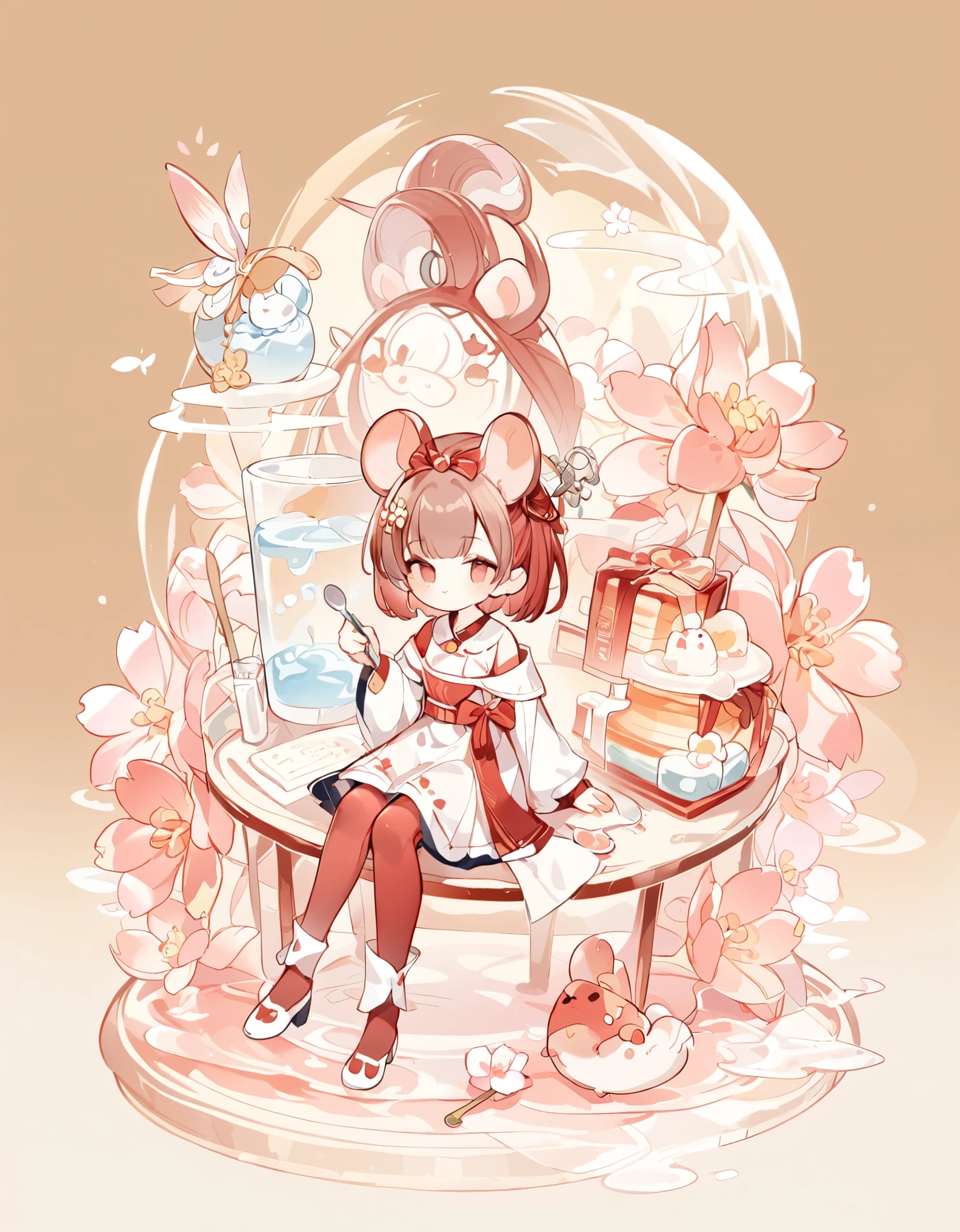 Sitting，Spoon in hand，（Clean background），Depth of detail，Q version three-headed body、Mouse ears，Transparent watercolor、girl、Beautiful arrangement and theme、Writing limit depth、Flat avatar, 1girl, （Brown short hair）， hair tip white,Fashionable design clothing(red and white)),Background white、 可爱的girl, modest dress, Sakura pantyhose