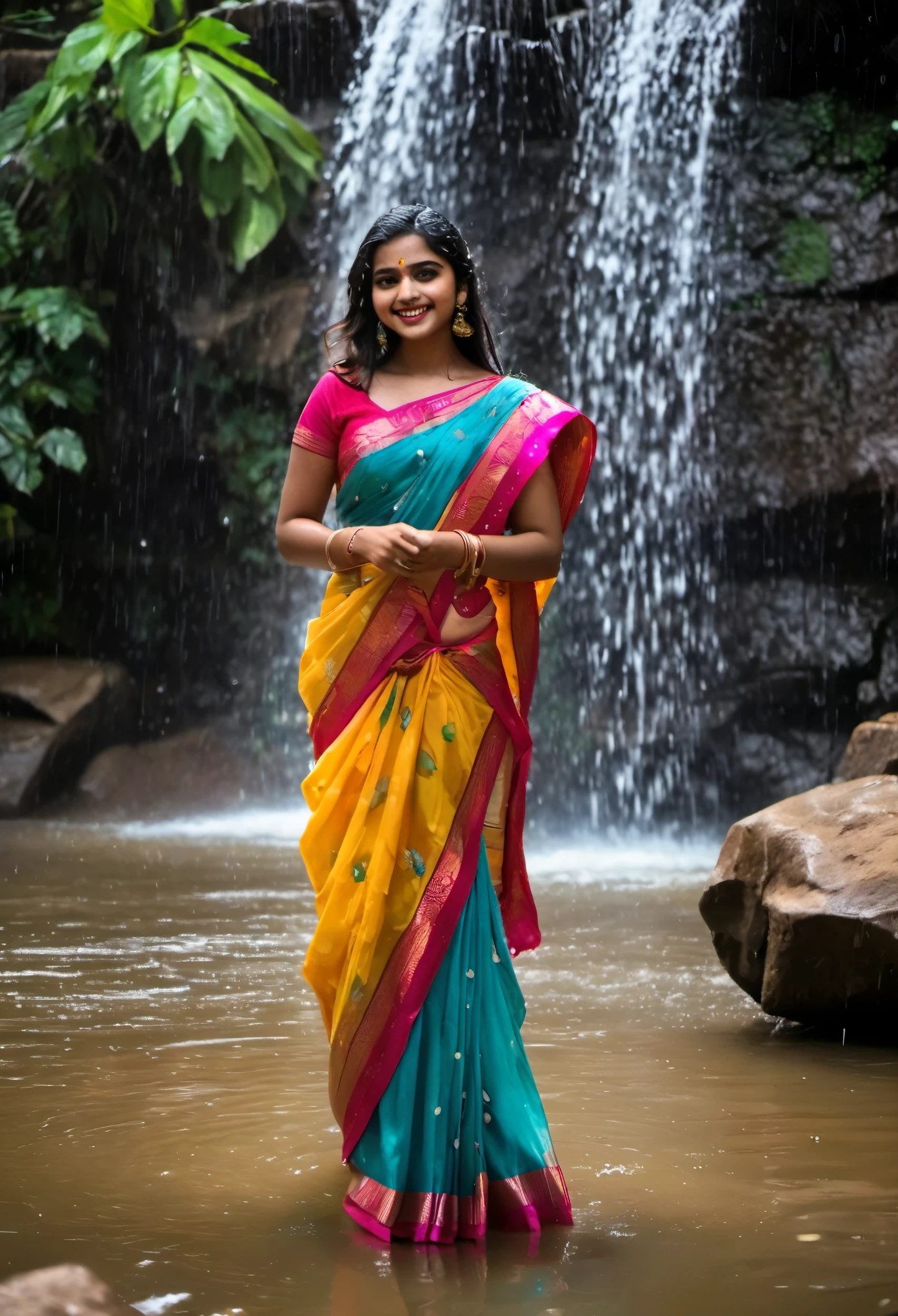 20 year old girl in saree standing in waterfall look at viewer, eyes symmetry, face symmetry, (best quality, ultra-detailed:1.6), colorful scene, bright color palette, playful atmosphere, vibrant colors, cute expressions, joyful laughter, raindrop reflections, (wet:1.6 hair, elegant sarees, blouses, long skirts, bodies, faces), body reflecting light, back lit, refreshing ambiance, happy faces, splashing water, raindrops falling around them, natural lighting, candid moments 