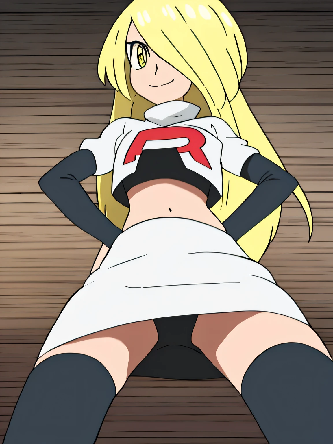 8k, masterpiece,highres, team rocket uniform, red letter r, white skirt,white crop top,black thigh-high boots, black elbow gloves, evil smile, looking down at viewer, hands on hips, cowboy shot, zettai ryouiki,spread legs,from below, black panties,anime style, vivid colors, sharp focus, intense lighting,,pokemoncynthia, blonde hair, hair ornament, hair over one eye, long hair, (yellow eyes:1.5)