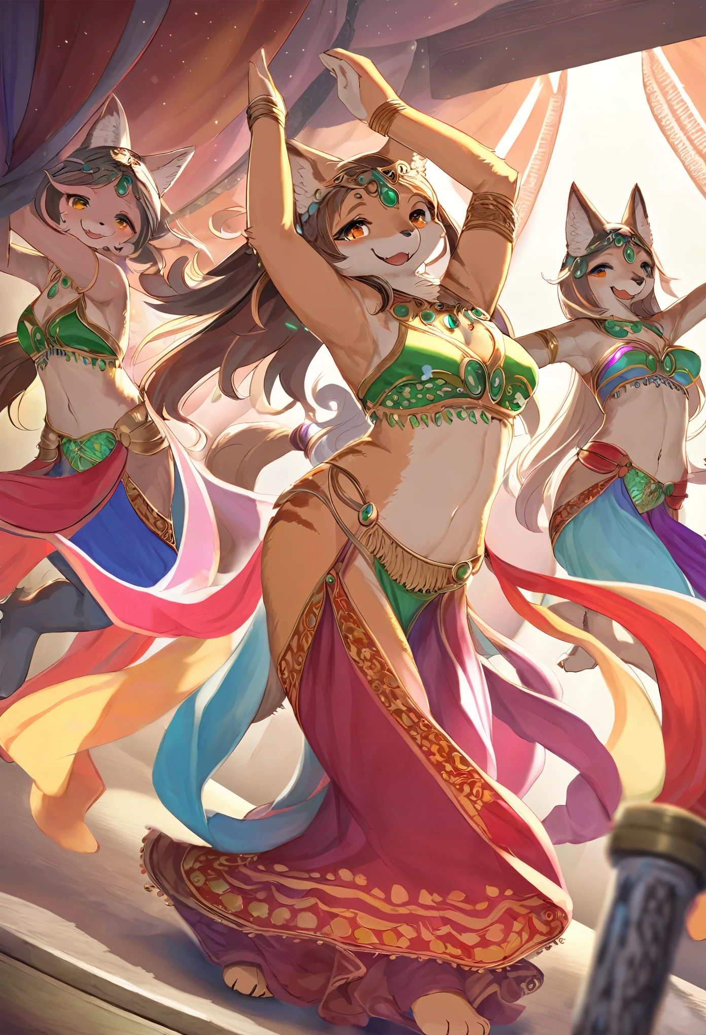 top quality, best quality, High-quality illustrations, masterpiece, super high resolution, detailed background, detailed background, Belly dancer, Raqs Sharqi, stage, Spotlight, group shot:0.5, 6+boys, 6+girls, Happy, joyful, absurdres(highly detailed beautiful face and eyes)perfect ???????(kemono, furry anthro),