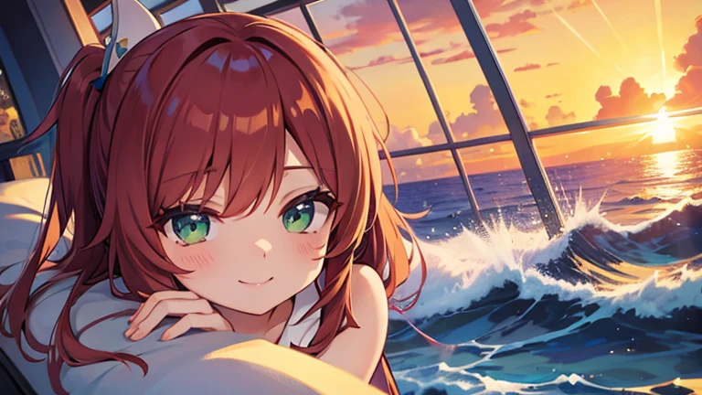 Anime Style, In the sky, across the sea, Open both eyes, Green Sea, In the sunset, smile, masterpiece, 4K, Detailed face, good anatomy, highlight,
