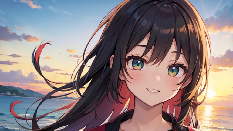 Anime Style, In the sky, across the sea, Open both eyes, Green Sea, In the sunset, smile, masterpiece, 4K, Detailed face, good anatomy, highlight,