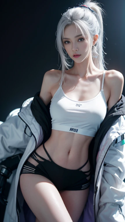 (best quality, 8k resolution, high-resolution, masterpiece:1.2), ultra-detailed, (realistic, photorealistic, photo-realistic:1.37), thigh and above focus, RAW photos, digital photography, (sci-fi style family with females), 20-year-old girl, long ponytail hairstyle, bangs framing the face, (purple eyes), (white hair), ample bosom, elegant and noble, stern yet aloof, open white lab coat, black spaghetti strap tank top, rich details, close your mouth, reveal your navel, exquisite adornments, cyberpunk futuristic style, (female scholar), pose for photography, white background, oc rendering with reflective texture