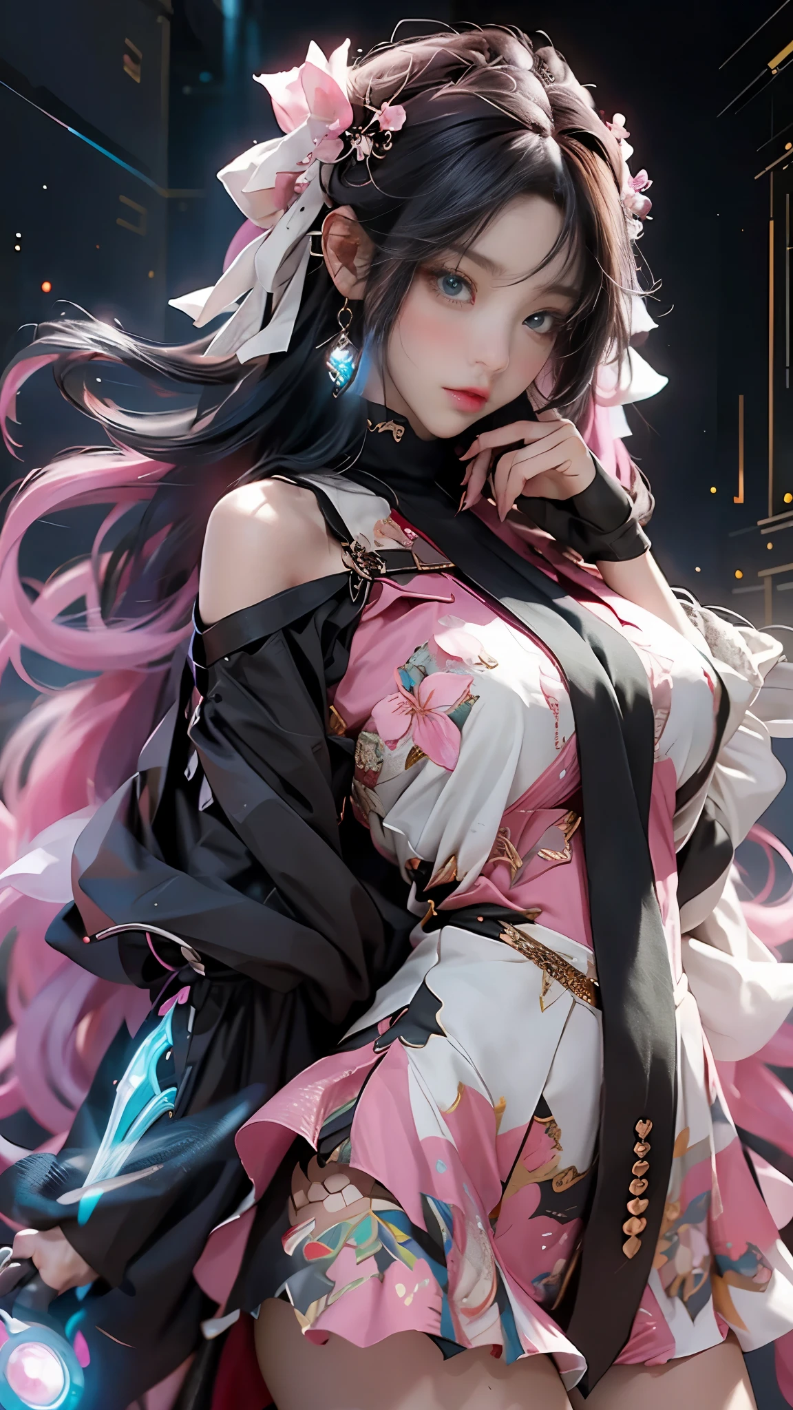((best qualtiy)), ((tmasterpiece)), (detail:1.4), 3D, Beautiful cyberpunk female images,hdr(HighDynamicRange),Ray traching,NVIDIA RTX,Hyper-Resolution,illusory 5,sub surface scattering,PBR textures,post-proces,Anisotropy Filtering,depth of fields,maximum definition and sharpness,Many-Layer Textures,Albedo e mapas Speculares,Surface coloring,Mitsu-Accurate simulation of material interactions,perfectly proportioned,rendering by octane,Two-colored light,largeaperture,Low ISO,White balance,Rule three points、8K raw data、Beautiful bright blue pupils,off-the-shoulder clothes,Fine pupils,Delicate face and eyes,long eyelasher,Blushlush,Delicate and fluffy hair,pink lip,Pure,Cute big breasts,Sweet girl,Artistic sense,Casual wear,Advancedsense,butterflys,Cherry blossom petal,Beautiful hair accessories,Long hair and waist,Hair fluttering in the wind