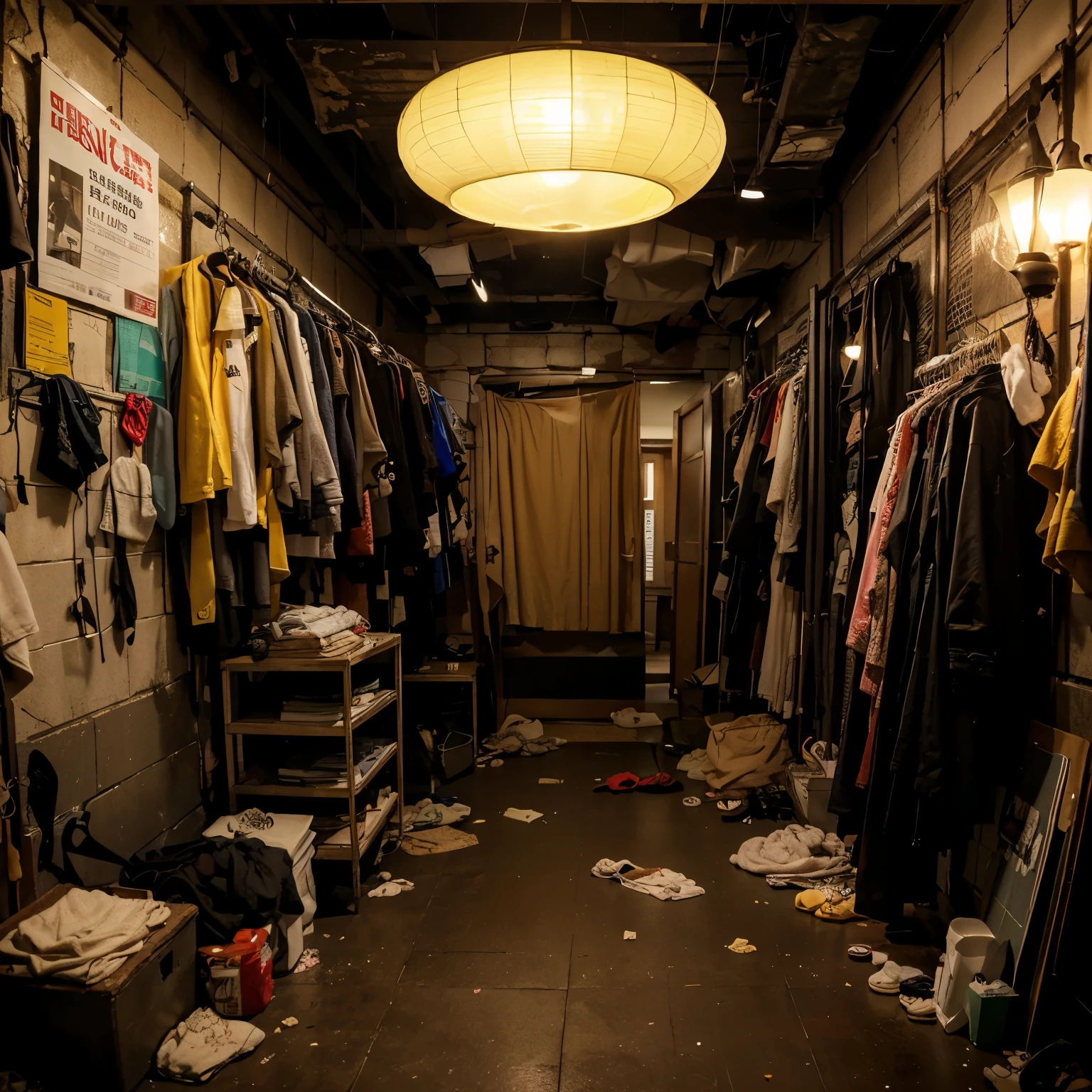 1950's arafed room with clothes and clothing on racks and a lamp, Abandoned Shinjuku garbage, inside of a tokyo garage, Empty back room at night, Abandoned Shinjuku garbage town, Liminal Space, Dusty and abandoned Shinjuku, Trapped in a secret room, Back room of abandoned shopping mall, You are lost in the secret room
