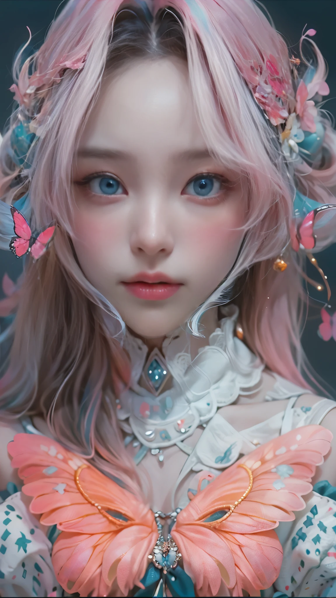 ((best qualtiy)), ((tmasterpiece)), (detail:1.4), Beautiful cyberpunk female images,hdr(HighDynamicRange),Ray traching,NVIDIA RTX,Hyper-Resolution,illusory 5,sub surface scattering,PBR textures,post-proces,Anisotropy Filtering,depth of fields,maximum definition and sharpness,Many-Layer Textures,Albedo e mapas Speculares,Surface coloring,Mitsu-Accurate simulation of material interactions,perfectly proportioned,rendering by octane,Two-colored light,largeaperture,Low ISO,White balance,Rule three points、8K raw data、Beautiful bright blue pupils,off-the-shoulder clothes,Fine pupils,Delicate face and eyes,long eyelasher,Blushlush,Delicate and fluffy hair,pink lip,Pure,Cute face,Sweet girl,Artistic sense,Casual wear,Advancedsense,butterflys,Cherry blossom petal,Beautiful hair accessories,Long hair and waist,Hair fluttering in the wind,Snow-white fox ears,curlies