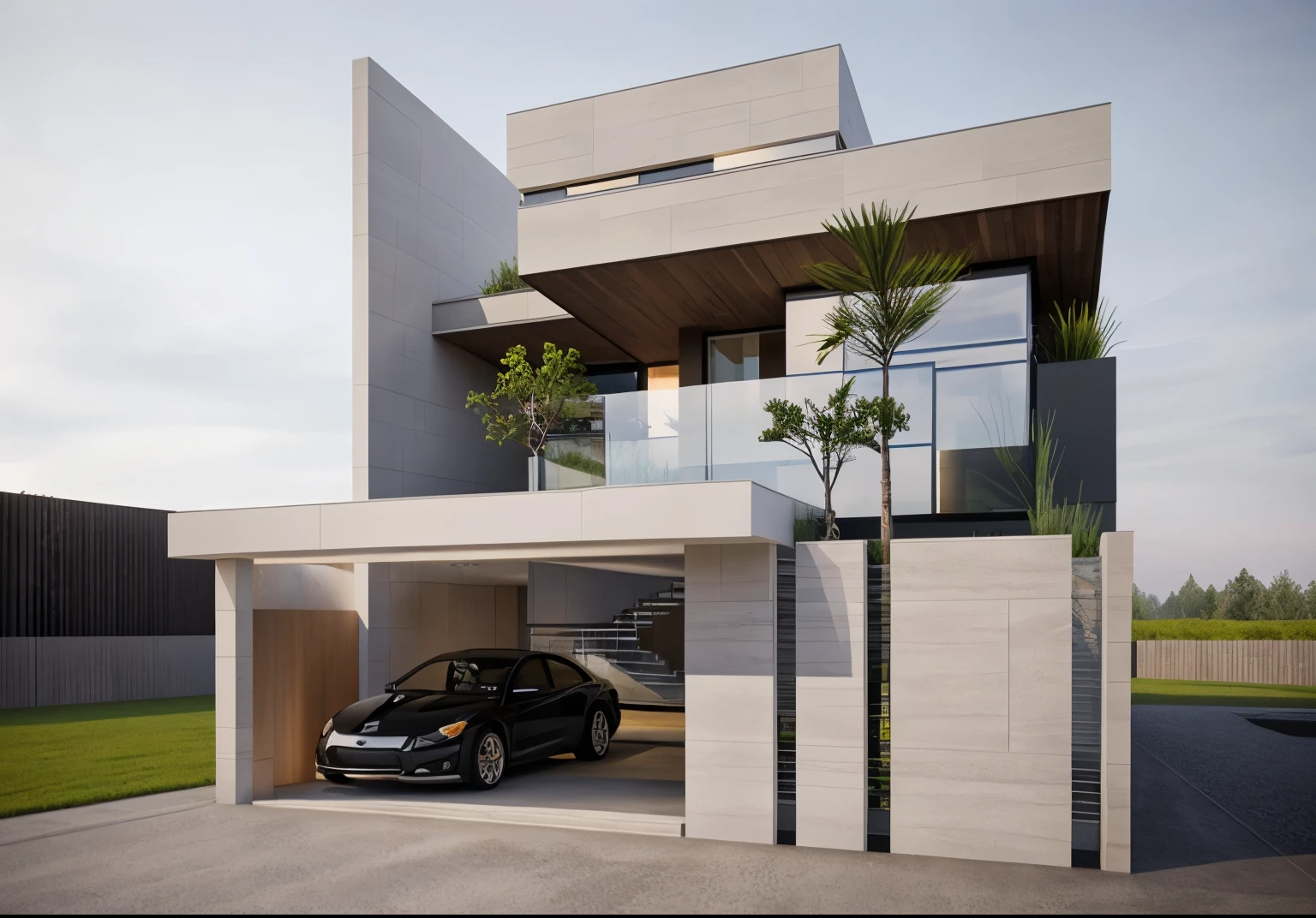 (chef-d'artwork),(high quality), best quality, real,(realistic), super detailed, (Full details),(4k),8K,Modern house exterior design,Architecture moderne,sandstone,Paroi blanche,beau_ciel,day light, Non_humains, en plein air,ciel,arbre,Garden flower in front of the building,Organic, Prairie, Modernism