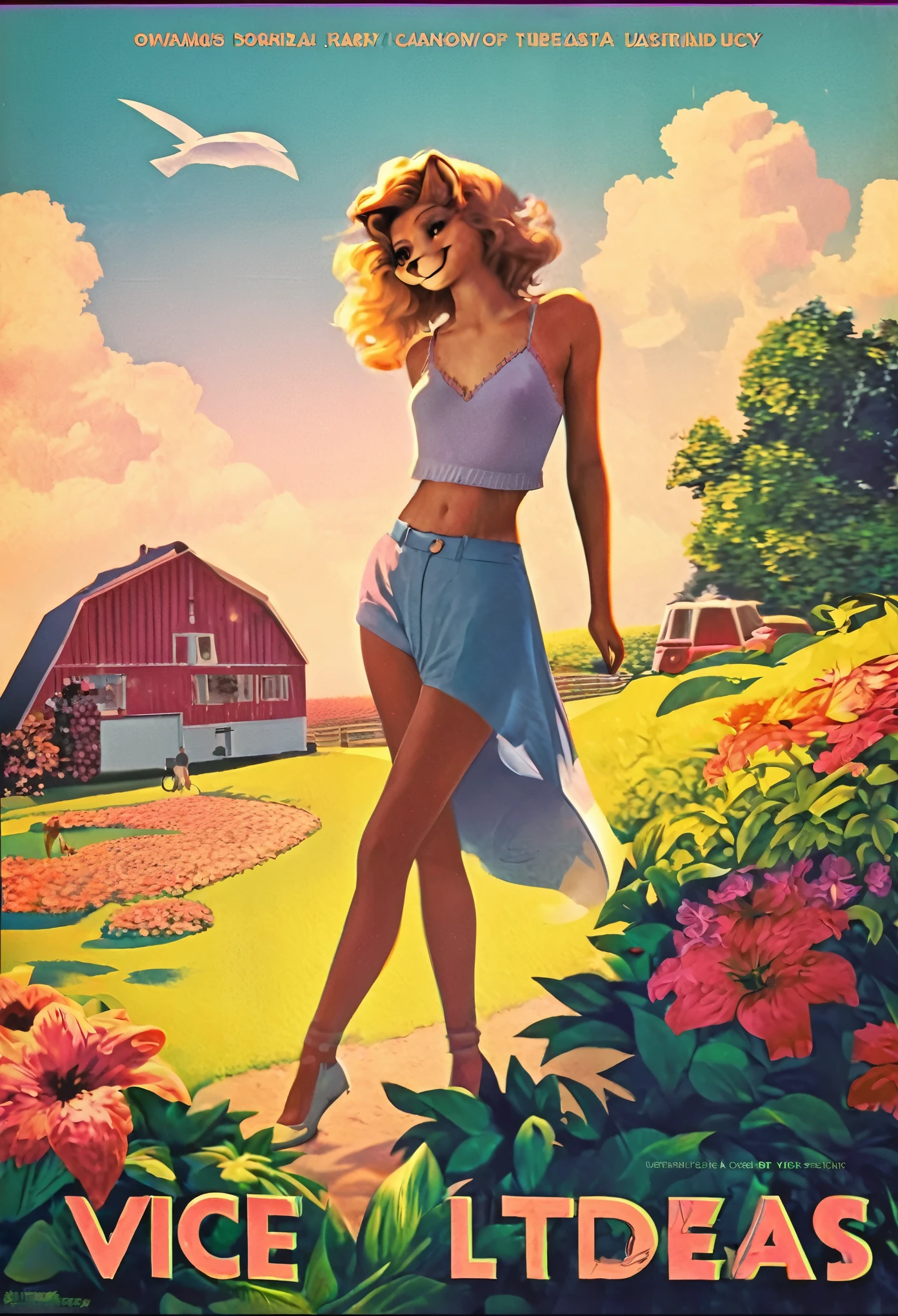 1980 VHS poster art for a Vice City inspired movie, top quality, highres, High-quality illustrations, unparalleled masterpiece(movie of life)nature inspired imagery, romanticized views, lively illustrations, whimsical cartoonish, farm, Blue sky, clouds, florals Beautiful garden(furry anthro, solo, girl, casual fashion, Relux pose, Smile)absurdres, perfect anatomy, caustics, cinematic lighting, deep shadow, dynamic angle,