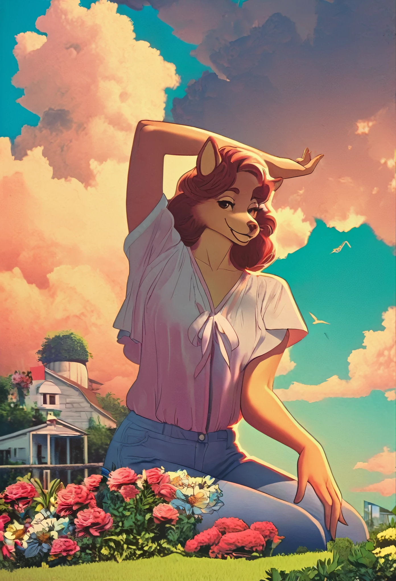1980 VHS poster art for a Vice City inspired movie, top quality, highres, High-quality illustrations, unparalleled masterpiece(movie of life)nature inspired imagery, romanticized views, lively illustrations, whimsical cartoonish, farm, Blue sky, clouds, florals Beautiful garden(furry anthro, solo, girl, casual fashion, Relux pose, Smile)absurdres, perfect anatomy, caustics, cinematic lighting, deep shadow, dynamic angle,