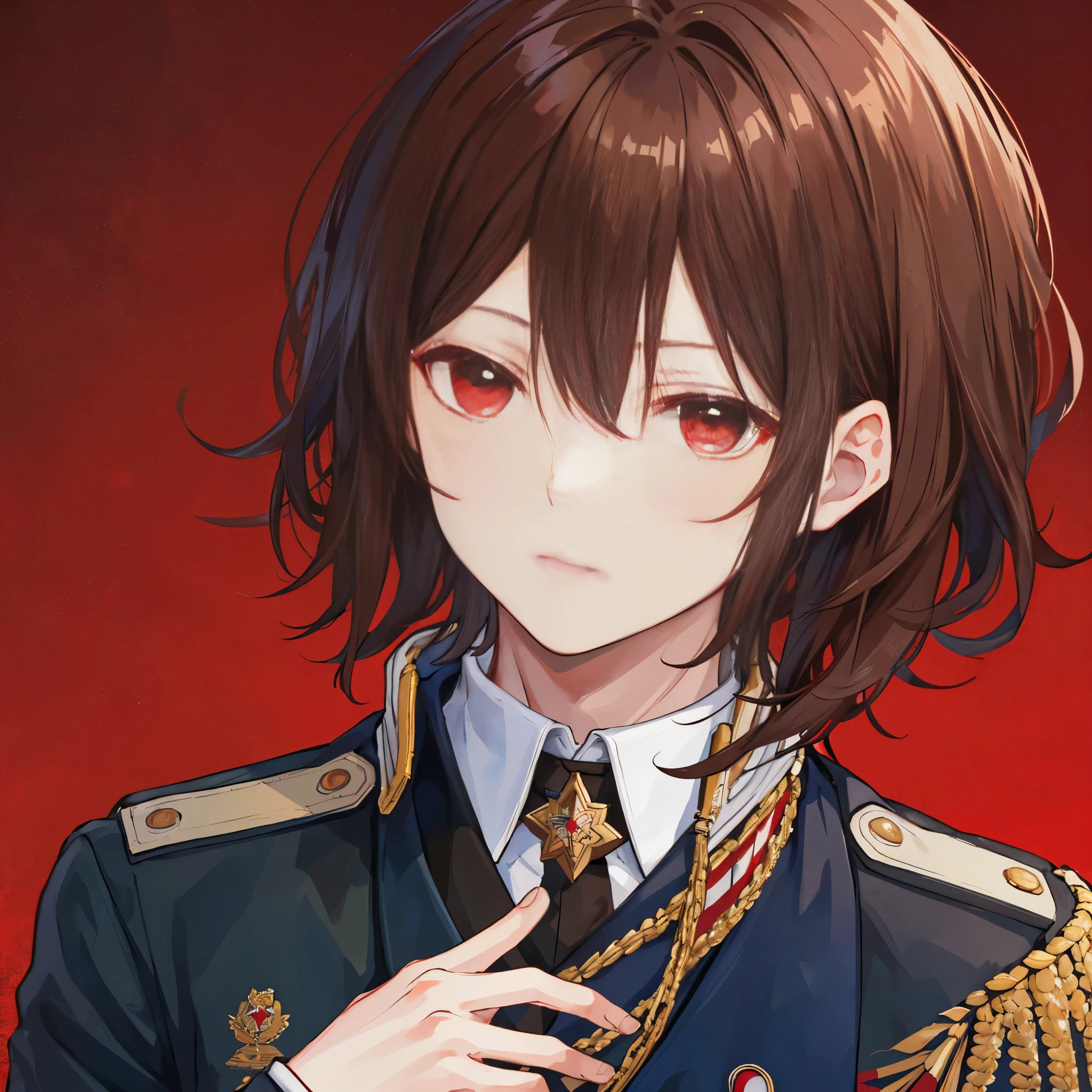 ((portrait)), (a boy), Young men, ((military uniform)), (brown hair))), ((red eyes)), high quality