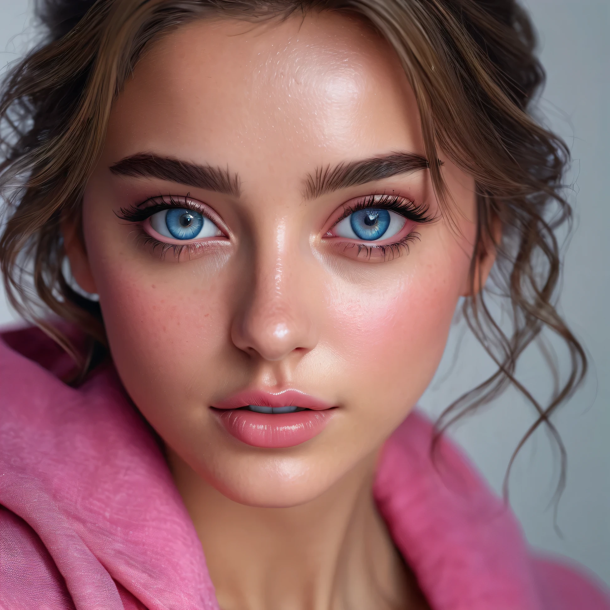8K, Best Quality, Masterpiece, Ultra High Resolution, (Realism: 1.4), Original Photo, (Realistic Skin Texture: 1.3), (Film Grain: 1.3), (Selfie Angle), 1 Girl, Pink Clothes, Sapphire Color Eyes and Beautiful Face Details, Masterpiece, Best Quality, Close Up, Upper Body