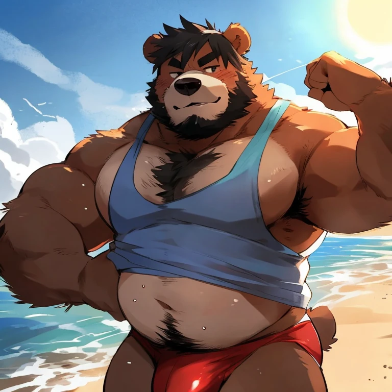 Chubby, furry,male , anthro bear, dark orange fur, cream fur, black hair, very plump, middle aged  , mouth covered mustache,Thick beard, seductive  , detailed , half body , tight tank top, lifted up, chest and belly exposed, naked, massive penis, extremely hot and sexy, eye ls half closed, black pupils, eye contact, seductive, horny, hot, white tank top, speedo, sweaty, beach setting, afternoon, blue sky, hot temperature, day time, one arm raised, hairy armpit, by hyaku ,by darkgem, by glitter trap boy