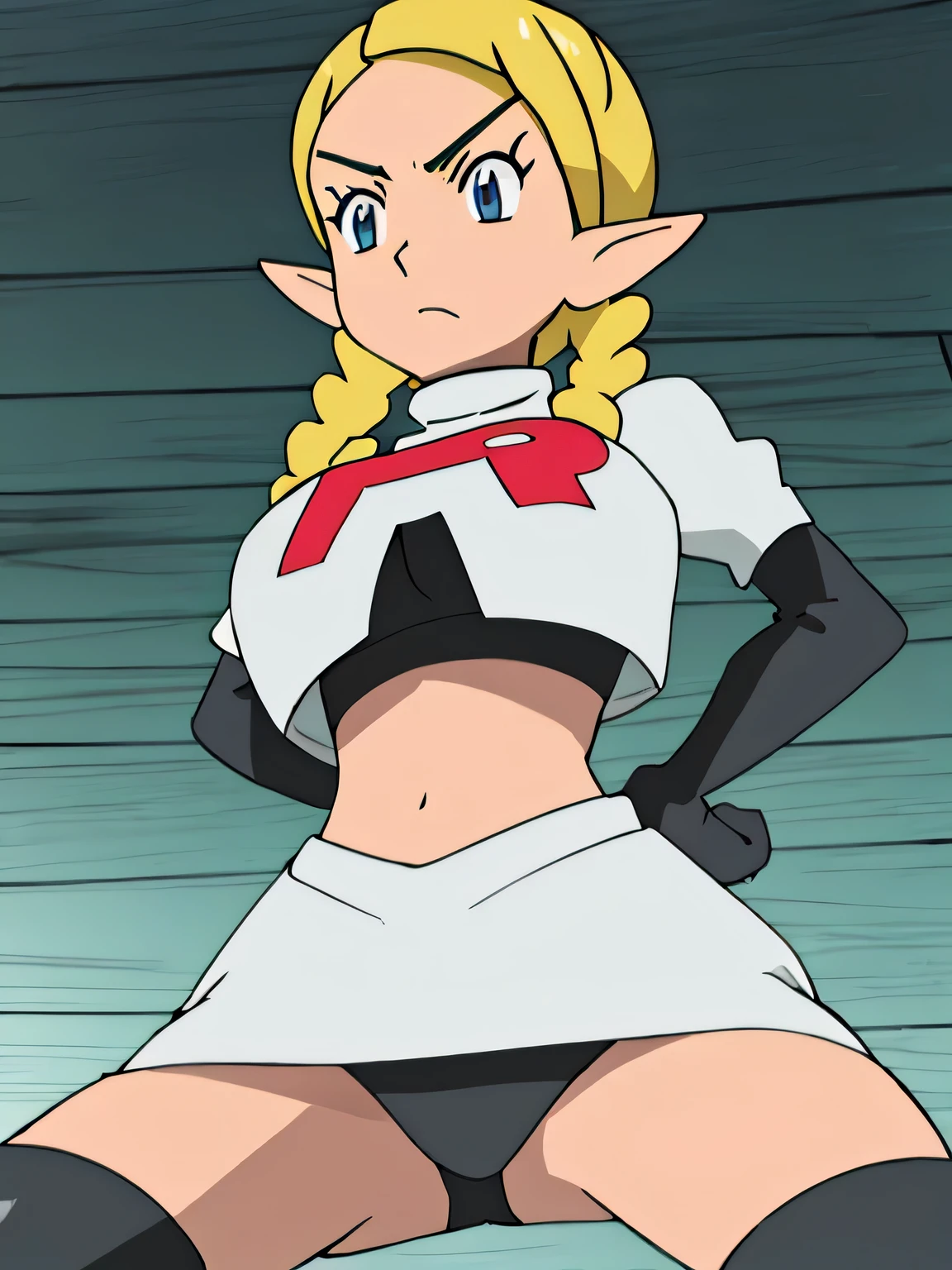 zelda breath of the wild,short hair,braids,8k, masterpiece,highres,very large breast, team rocket uniform, red letter r, white skirt,white crop top,black thigh-high boots, black elbow gloves, glaring angrily, looking down at viewer, hands on hips, cowboy shot, zettai ryouiki,spread legs,from below, black panties,anime style, vivid colors, sharp focus, intense lighting,