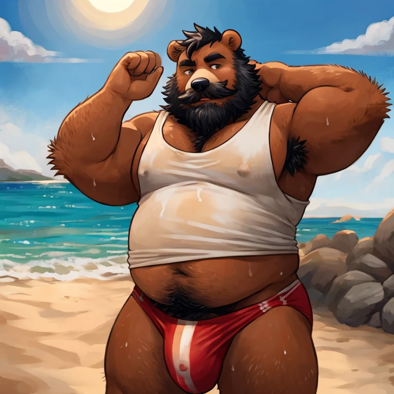 Chubby, furry,male , anthro bear, dark orange fur, cream fur, black hair, very plump, middle aged , mouth covered mustache,Thick beard, seductive , detailed , half body , tight tank top, lifted up, chest and belly exposed, naked, massive penis, extremely hot and sexy, eye ls half closed, black pupils, eye contact, seductive, horny, hot, white tank top, speedo, sweaty, beach setting, afternoon, blue sky, hot temperature, day time, one arm raised, hairy armpit, by glitter trap boy