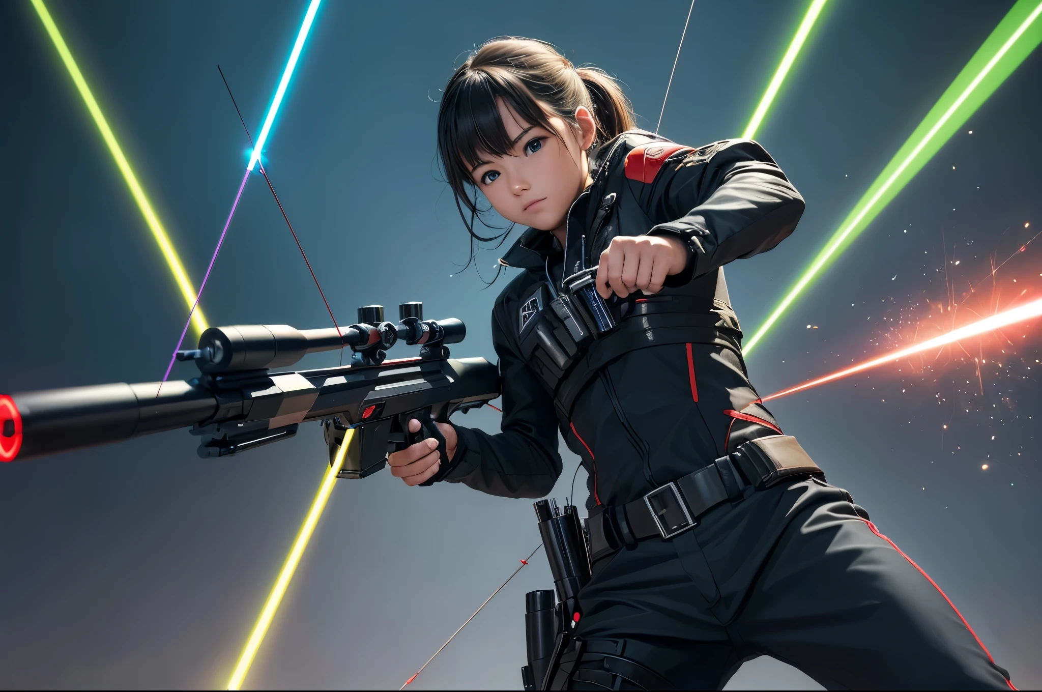 Someone is holding a toy gun with a laser light, with hand crossbow, holding futuristic crossbow, Holds a mechanical bow and arrow, crossbow, One hand holding a bolt pistol, holding a crossbow, Top angle view, extreme perspective, Urkan machine gun, Next to it is a toy ray gun, shoulder gun, Panorama