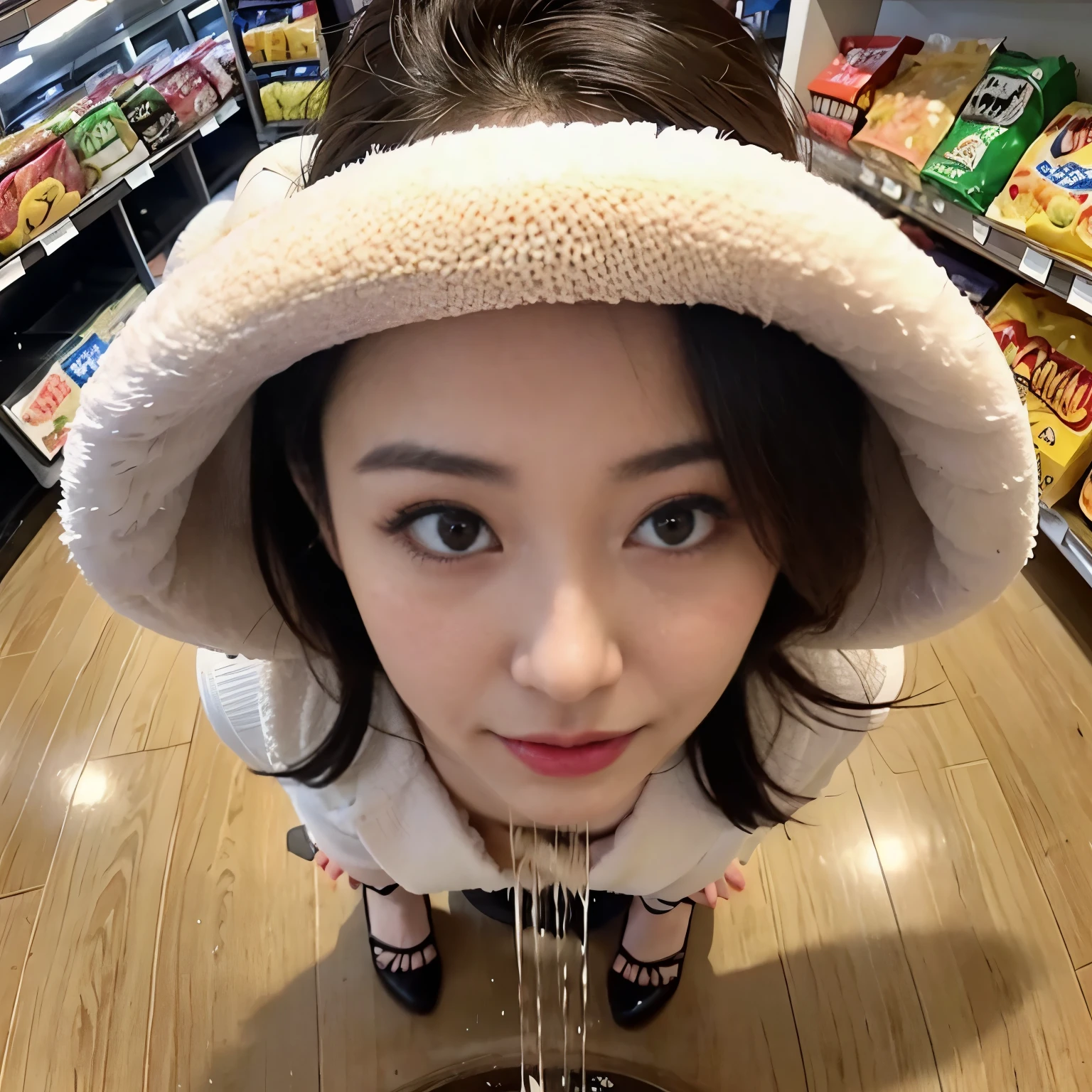 (highest quality、4k、8k、High resolution、masterpiece: 1.2)、Super detailed、(Real、Photorealistic、Photorealistic: 1.37)、(Photographed through a fisheye lens:1.2)、Gorgeous women wearing the finest lingerie、Blushing and crouching、exposing genitals: 1.35、While staring directly into the camera, she urinates freely.、((Urine flows down:1.4))、A supermarket food section with a focus on the crotch between the legs