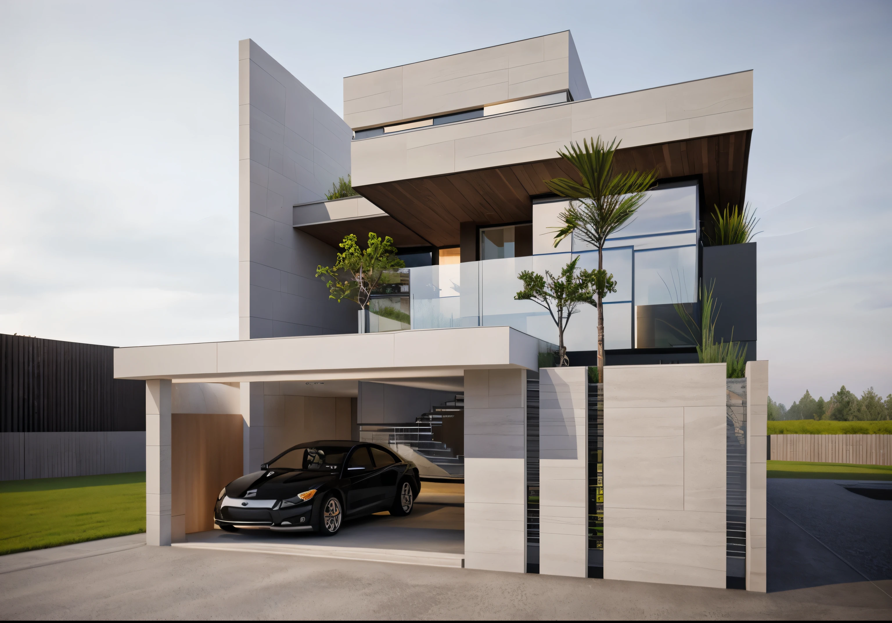 (chef-d&#39;artwork),(high quality), best quality, real,(realistic), super detailed, (Full details),(4k),8K,Modern house exterior design,Architecture moderne,sandstone,Paroi blanche,beau_ciel,day light, Non_humains, en plein air,ciel,arbre,Garden flower in front of the building,Organic, Prairie, Modernism
