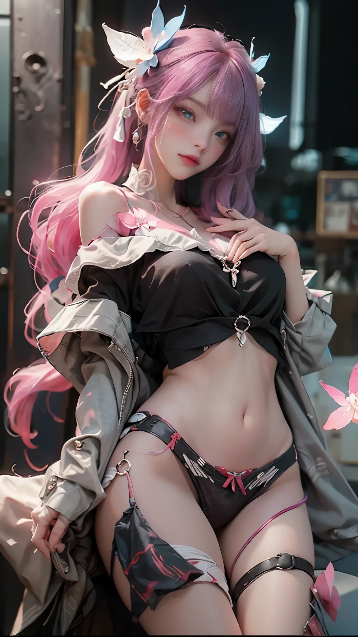 ((best qualtiy)), ((tmasterpiece)), (detail:1.4), 3D, Beautiful cyberpunk female images,hdr(HighDynamicRange),Ray traching,NVIDIA RTX,Hyper-Resolution,illusory 5,sub surface scattering,PBR textures,post-proces,Anisotropy Filtering,depth of fields,maximum definition and sharpness,Many-Layer Textures,Albedo e mapas Speculares,Surface coloring,Mitsu-Accurate simulation of material interactions,perfectly proportioned,rendering by octane,Two-colored light,largeaperture,Low ISO,White balance,Rule three points、8K raw data、Beautiful bright blue pupils,off-the-shoulder clothes,Fine pupils,Delicate face and eyes,long eyelasher,Blushlush,Delicate and fluffy hair,pink lip,Pure,Cute big breasts,Sweet girl,Artistic sense,Casual wear,Advancedsense,butterflys,Cherry blossom petal,Beautiful hair accessories,Long hair and waist,Hair fluttering in the wind