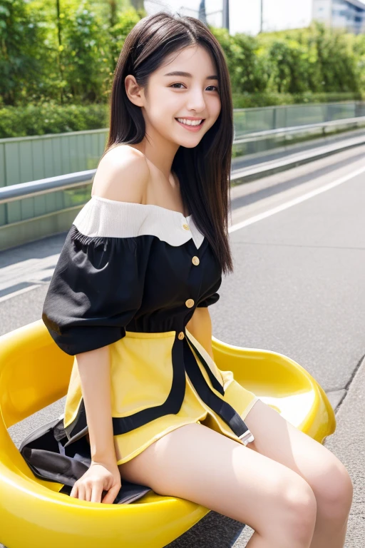 masterpiece, high-quaiity,(Correct Anatomy),Raw Photos, Photorealistic、Cute face,(well-proportioned face:1.5)、Embarrassed look,High resolution,Super detailed,Fine details,Very detailed,very realistic eyes and face,smile,Laughing with mouth open,smile,wink,Realistic students,Sharp Focus,natural light,day light,high quality,(Japanese)、Cute Korean idol style,Black Hair,(Light yellow off-shoulder dress),(Button-down dress),(One-piece dress button undone),(lift up skirt),The front of the body is facing the camera、the body foward to camera,Sitting on a slide、One elbow on the table、Spreading her legs,(spread legs wide),(She has her legs spread apart, exposing her crotch),(17years old),17 years old、(girl),solo,long hair,Long Hair,Knees spread wide,Thighs wide apart,(Looking at the camera),flat chest,Narrow waist,(White lingerie is visible from between her legs)